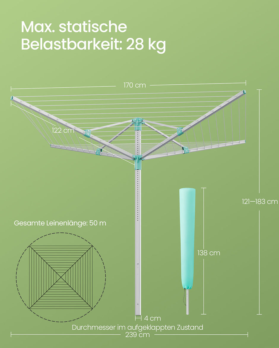 Waschlinie 50 Meter - geeignet für 5 Maschinen - Silber/Grün