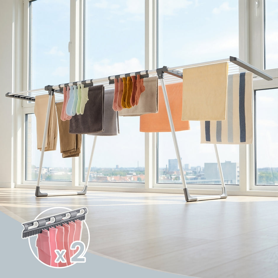 Wasdroogrek - 62,5 x (113,5-200) x 90 cm - 22 m² droogoppervlak - uitschuifbare zijvleugels - opvouwbaar - wit-grijs - maximale draagkracht 24 kg