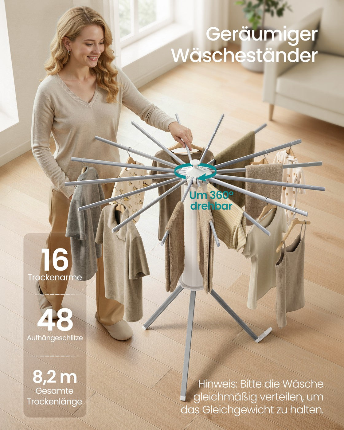 Wasdroogrek - 112 x 112 x 122 cm - Opvouwbaar - Draagbaar - Zilver - Max. draagkracht 24 kg
