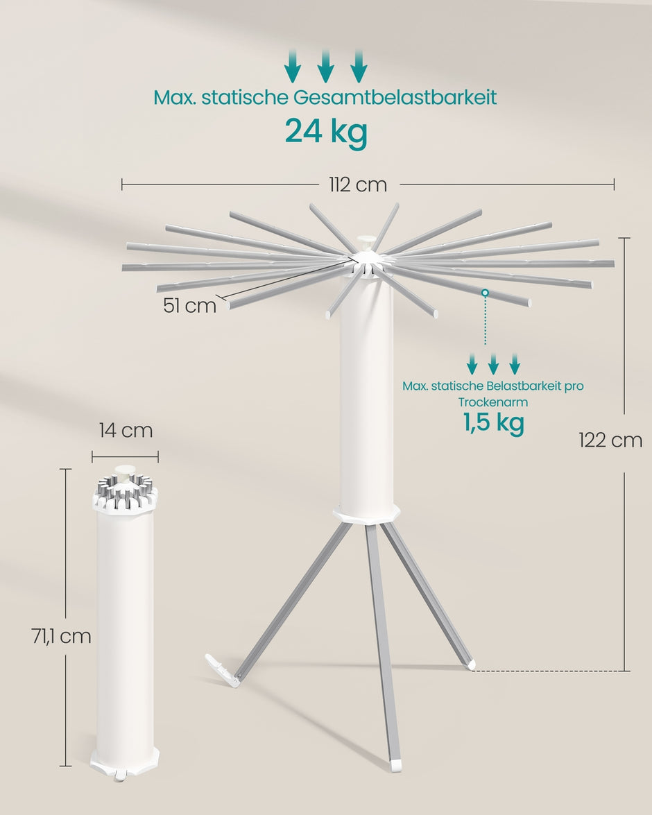 Wasdroogrek - 112 x 112 x 122 cm - Opvouwbaar - Draagbaar - Zilver - Max. draagkracht 24 kg