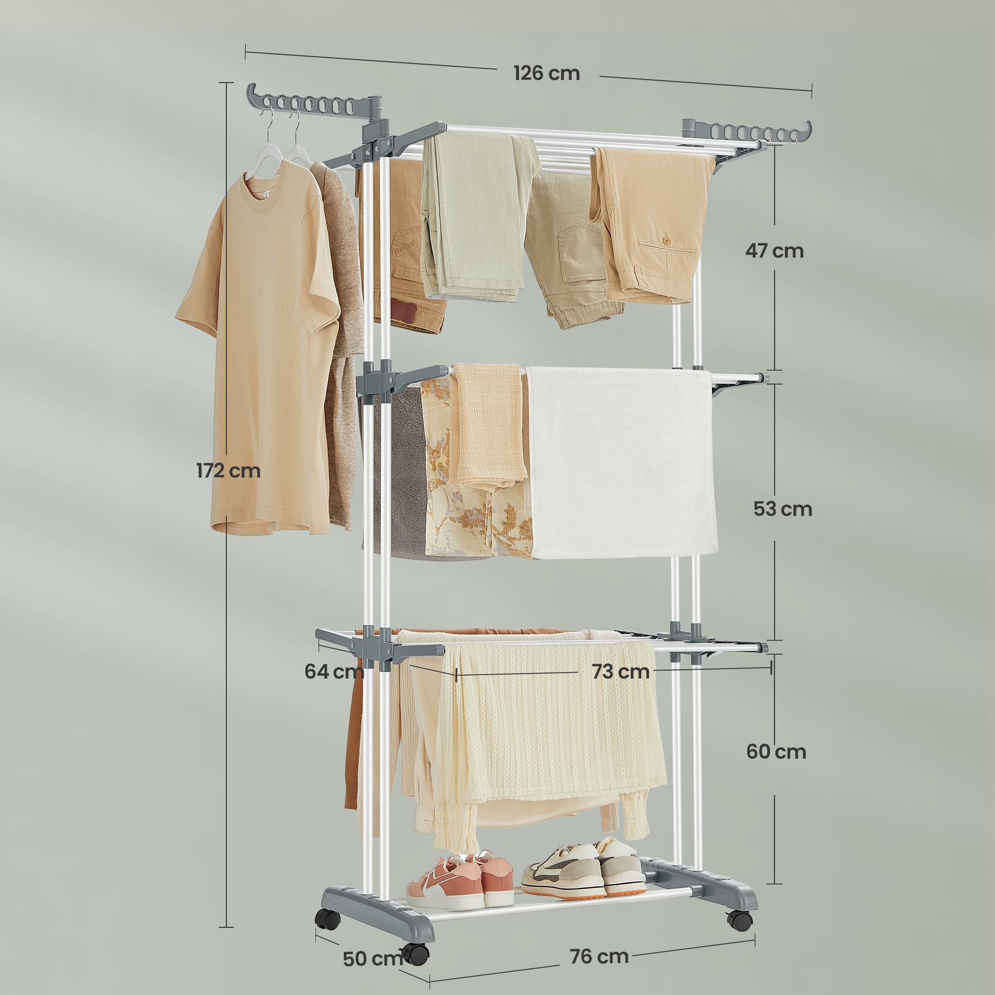 Trocknerständer - faltbares Waschregal - 173 cm hoch - Edelstahl - Grau