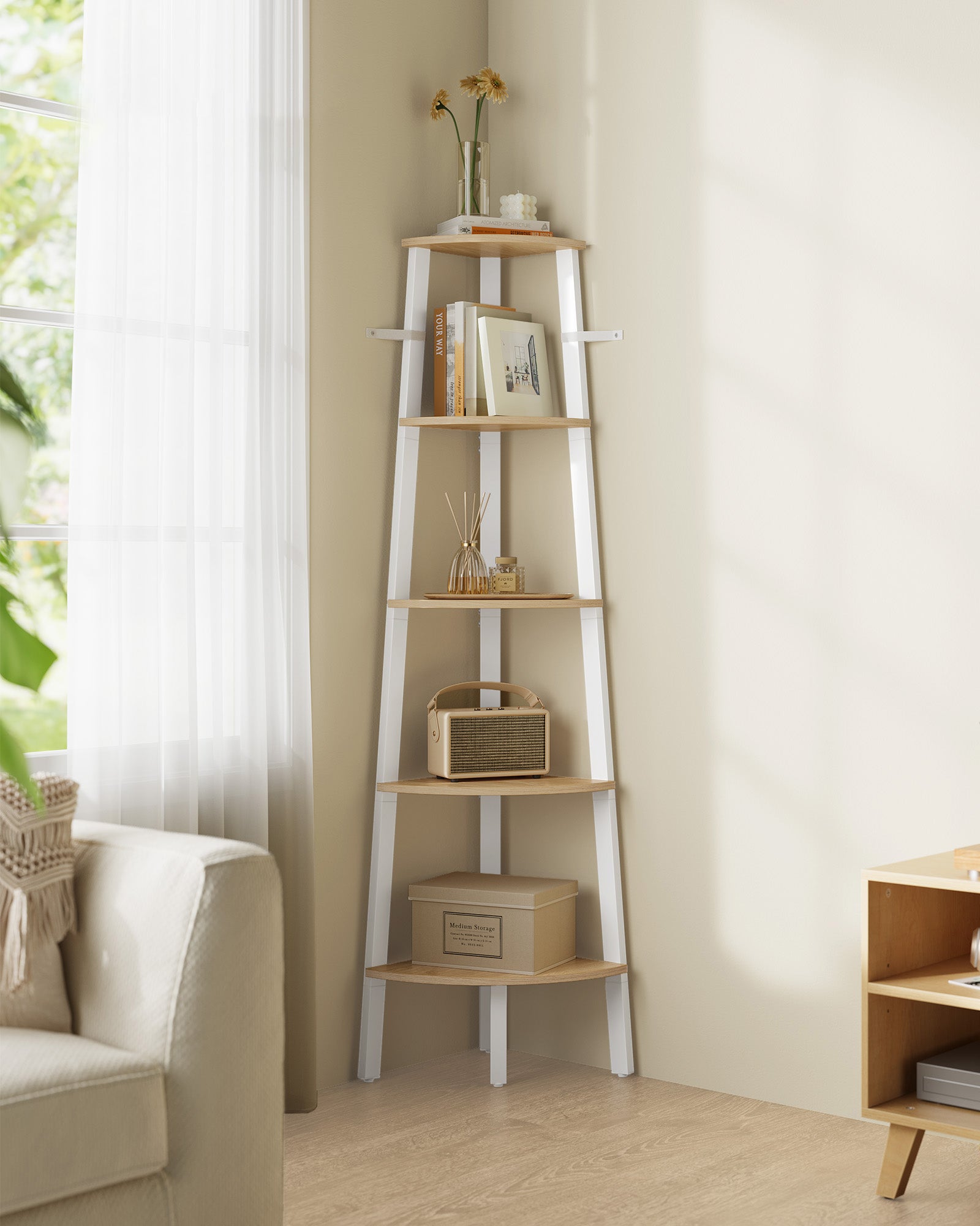 Bücherregal 5 Ebenen Industrial natürliche Eichenfarbe Matt White