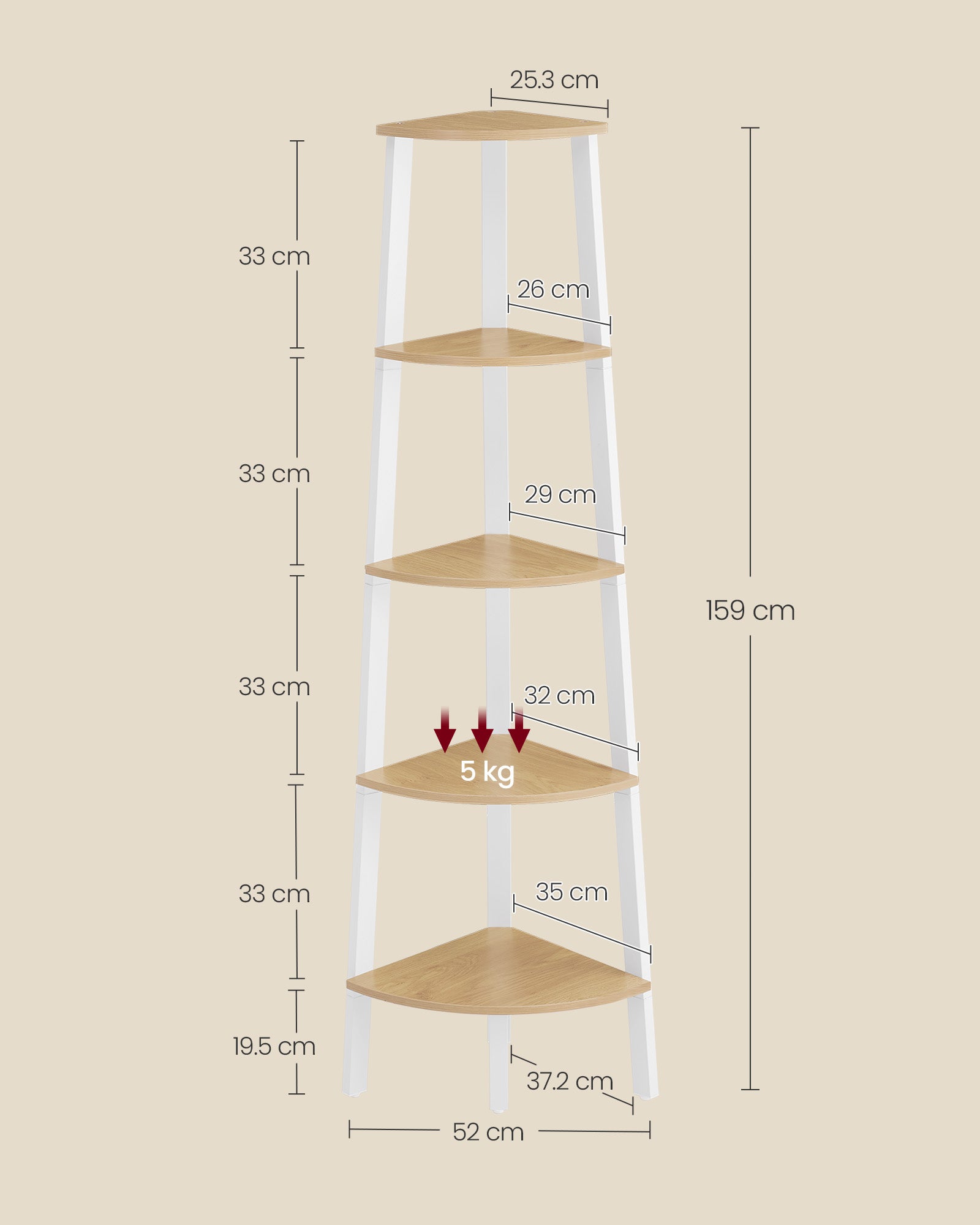 Bücherregal 5 Ebenen Industrial natürliche Eichenfarbe Matt White