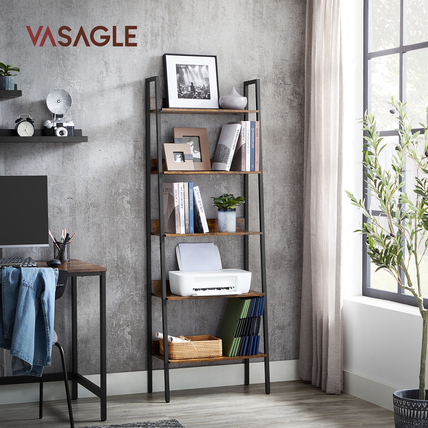 Bücherregal - Wohnzimmerschrank - mit 5 Levels - Metallrahmen - Brown