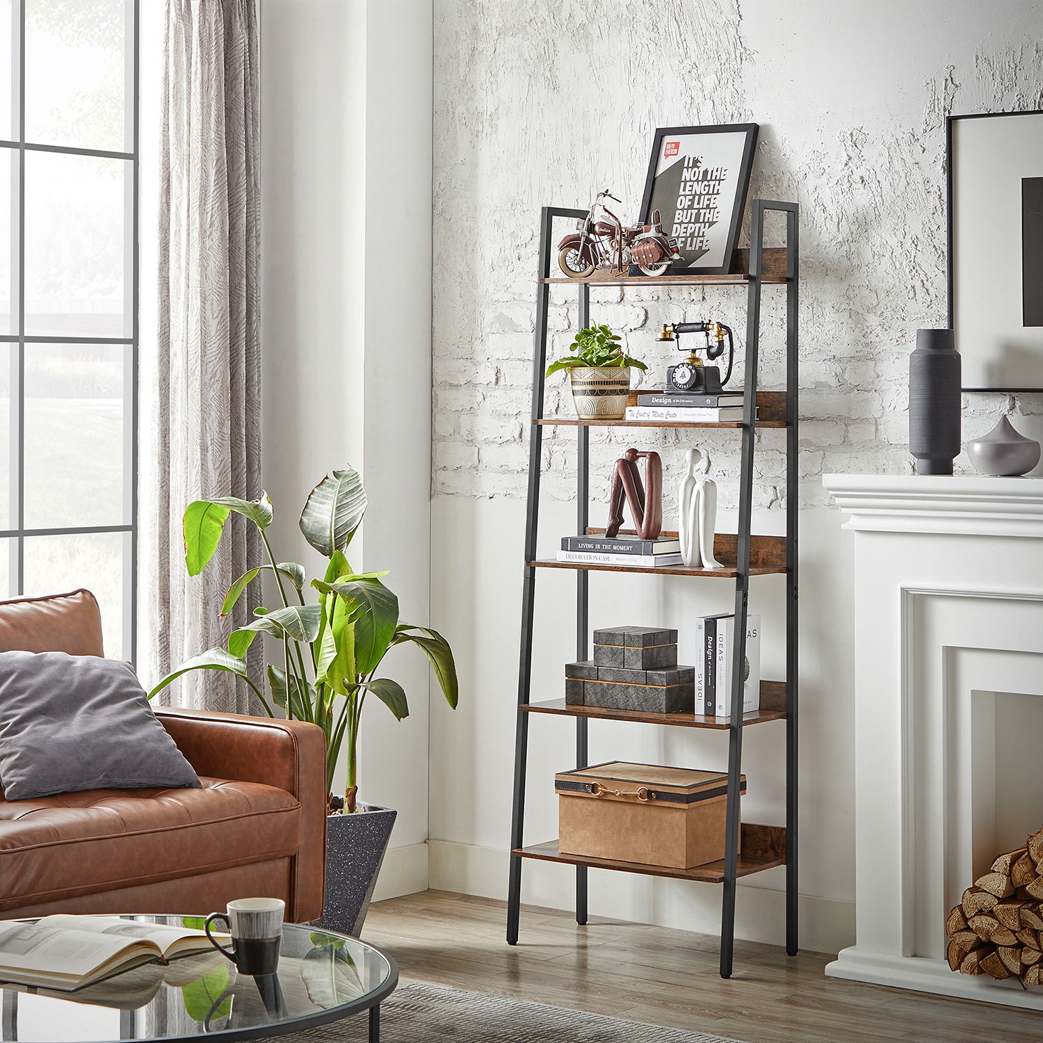 Bücherregal - Wohnzimmerschrank - mit 5 Levels - Metallrahmen - Brown