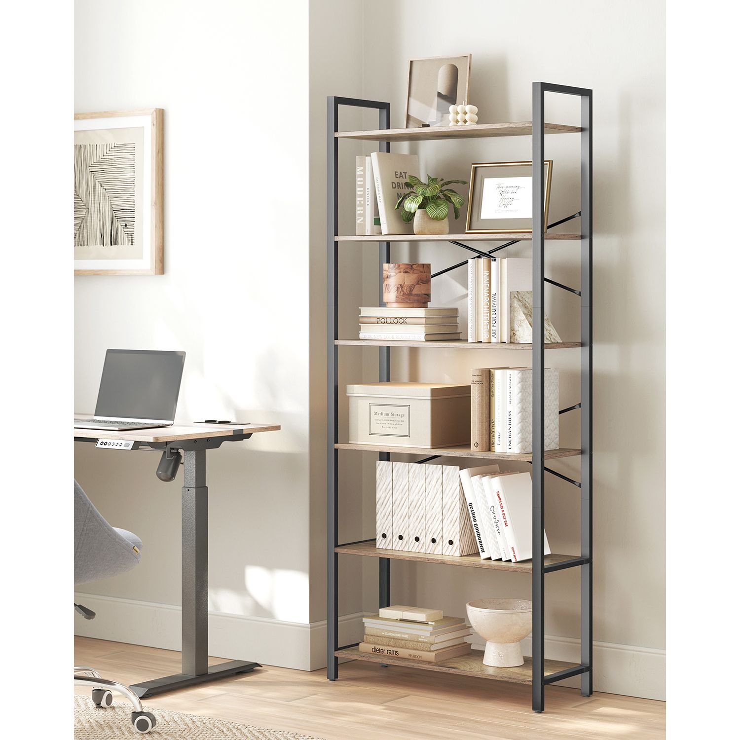 Bücherregal-6-Level-30 x 80 x 186 cm-Dark-Walnuss-Schwarz