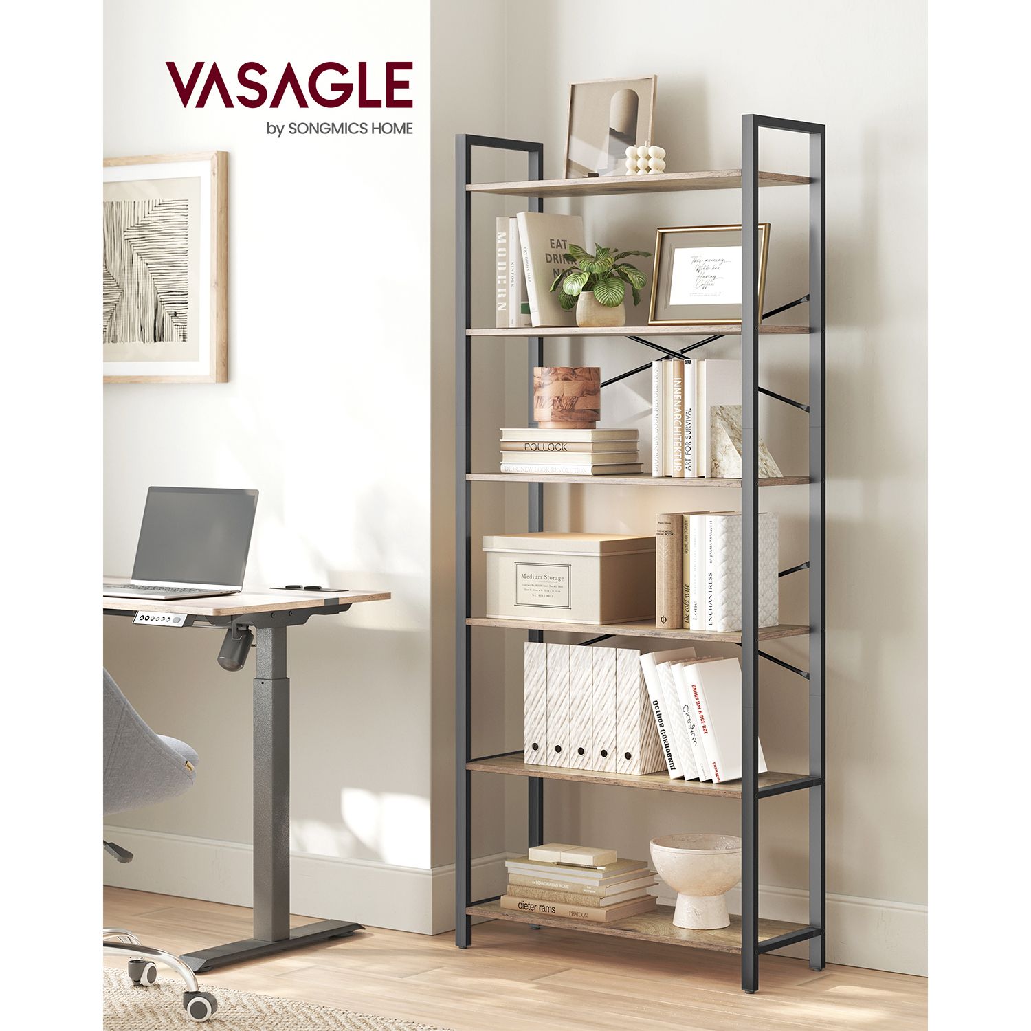 Bücherregal-6-Level-30 x 80 x 186 cm-Dark-Walnuss-Schwarz