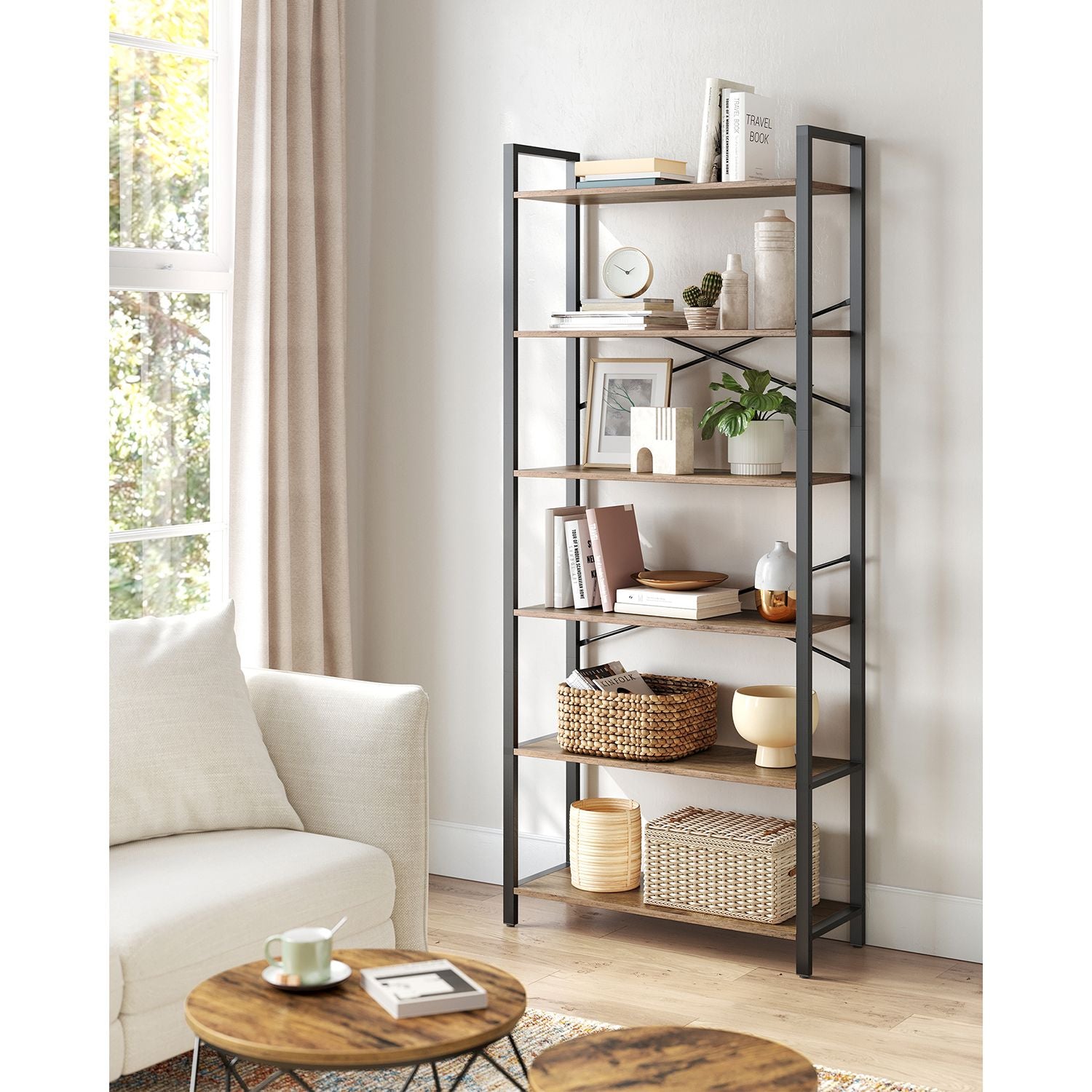 Bücherregal-6-Level-30 x 80 x 186 cm-Dark-Walnuss-Schwarz