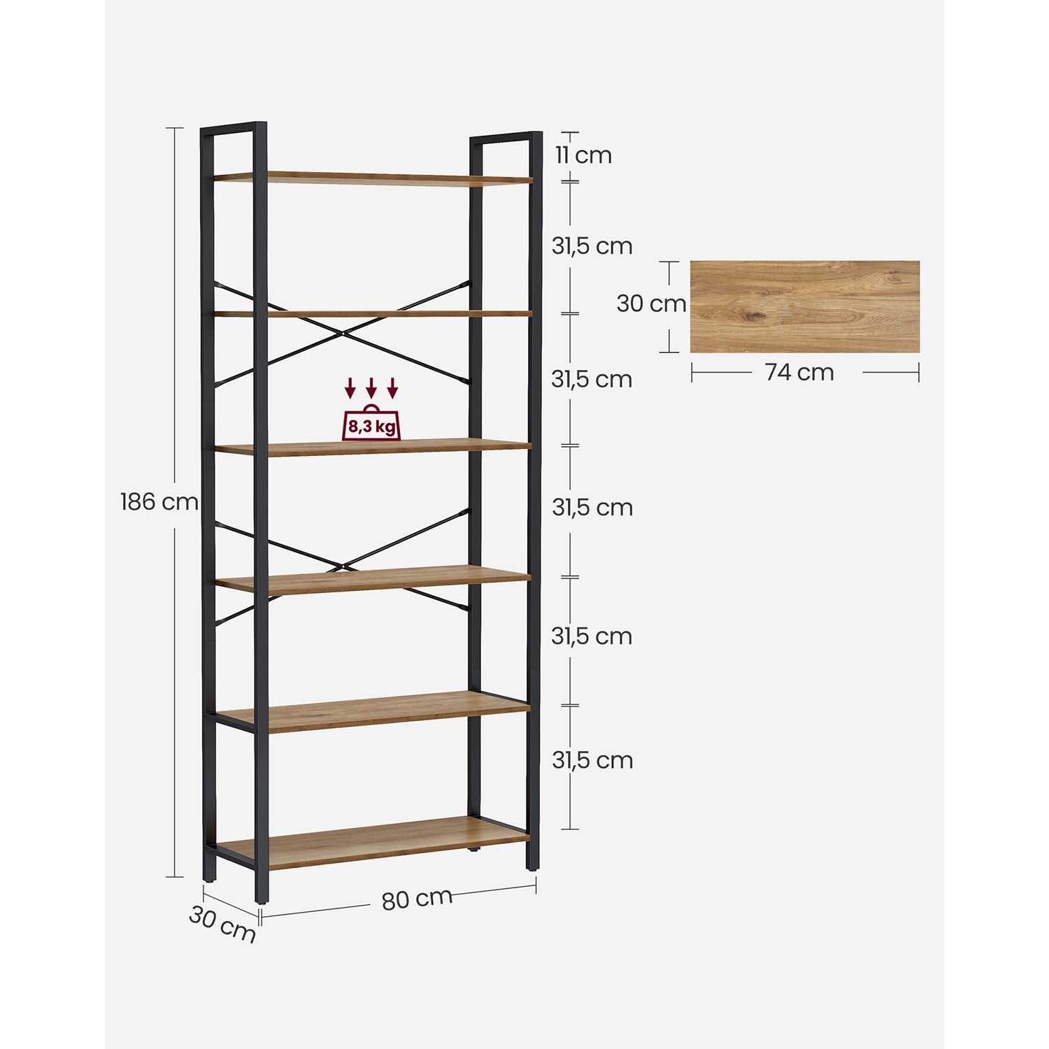 Bücherregal-6-Level-30 x 80 x 186 cm-Dark-Walnuss-Schwarz