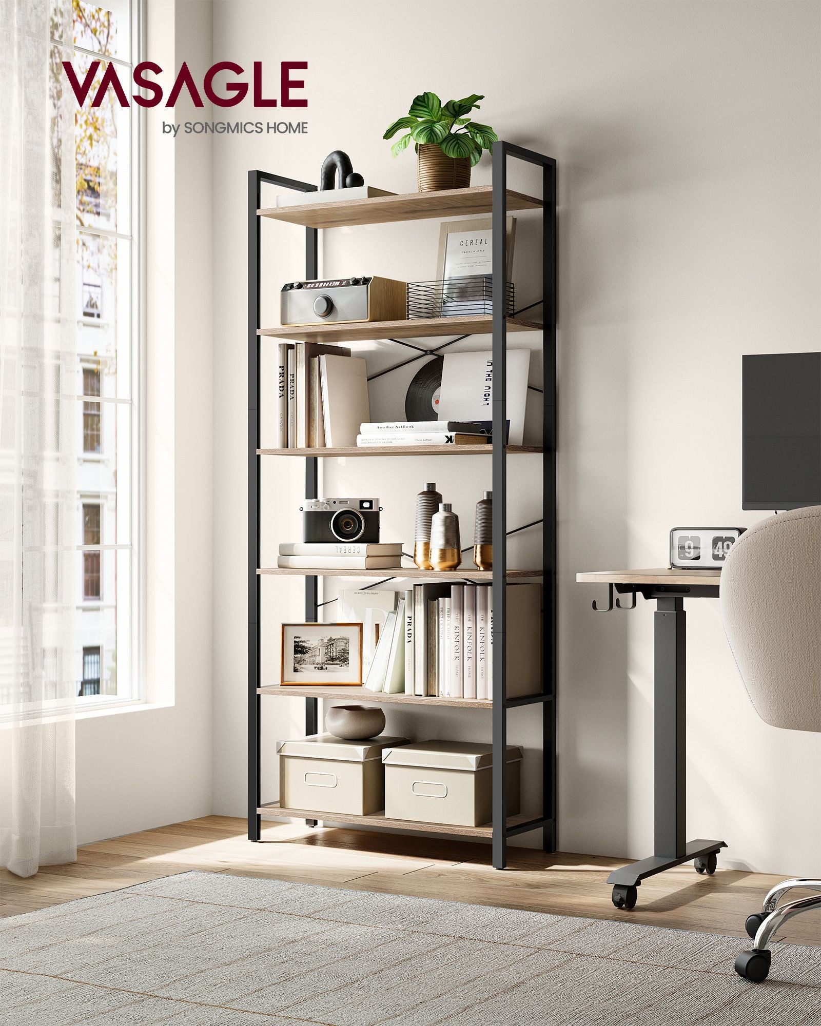 Bücherregal-6-Level-Industrial-Design-Camelbruin-Tinte schwarz