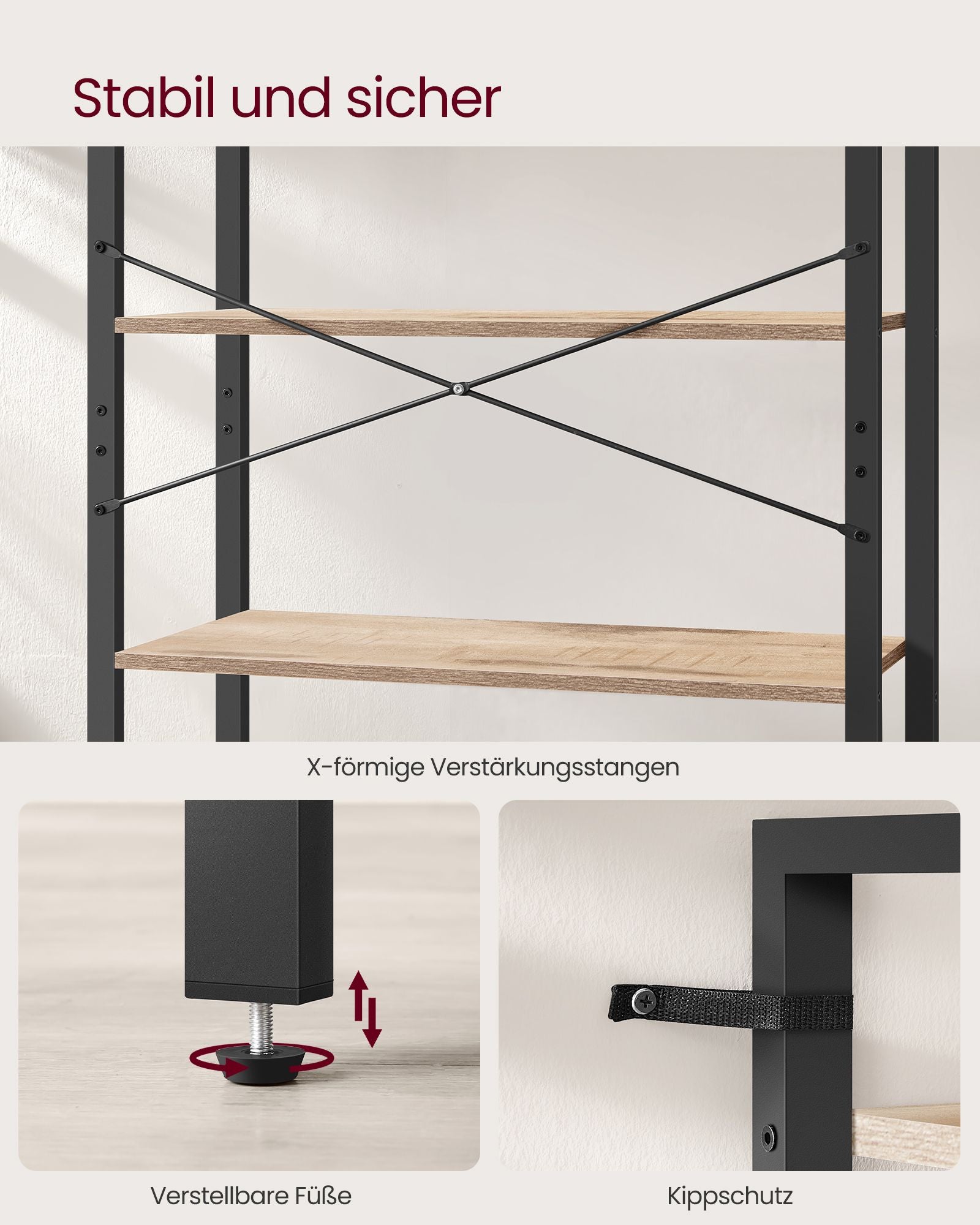 Bücherregal-6-Level-Industrial-Design-Camelbruin-Tinte schwarz