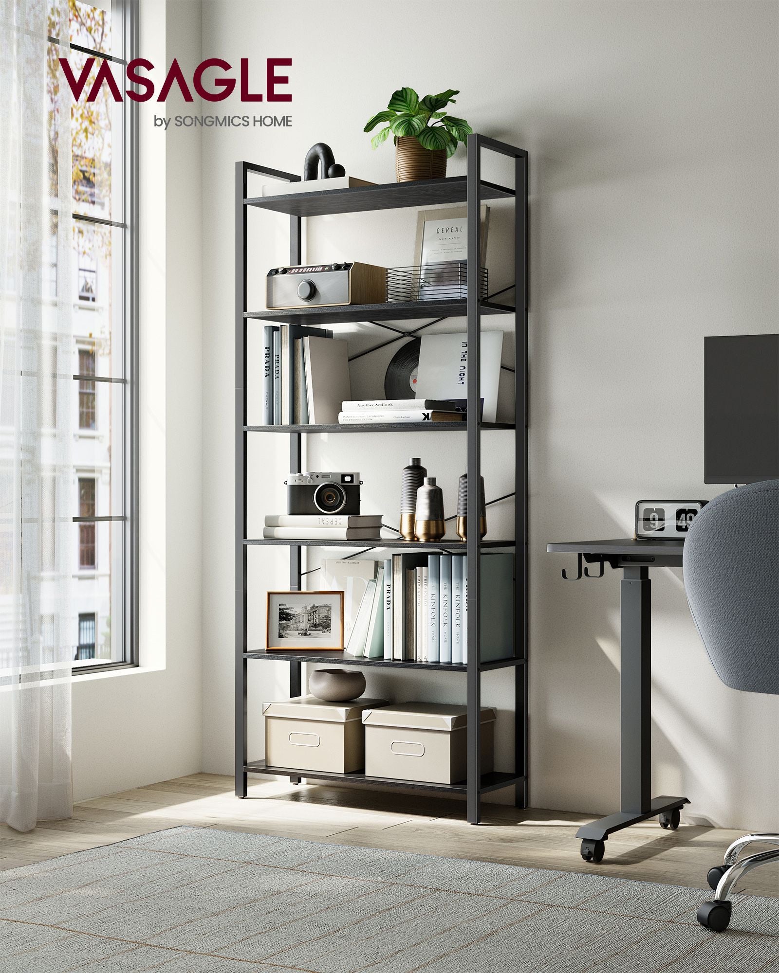 Bücherregal-6-Level-Industrial Design-Ebony-Zwart-Inktzwart