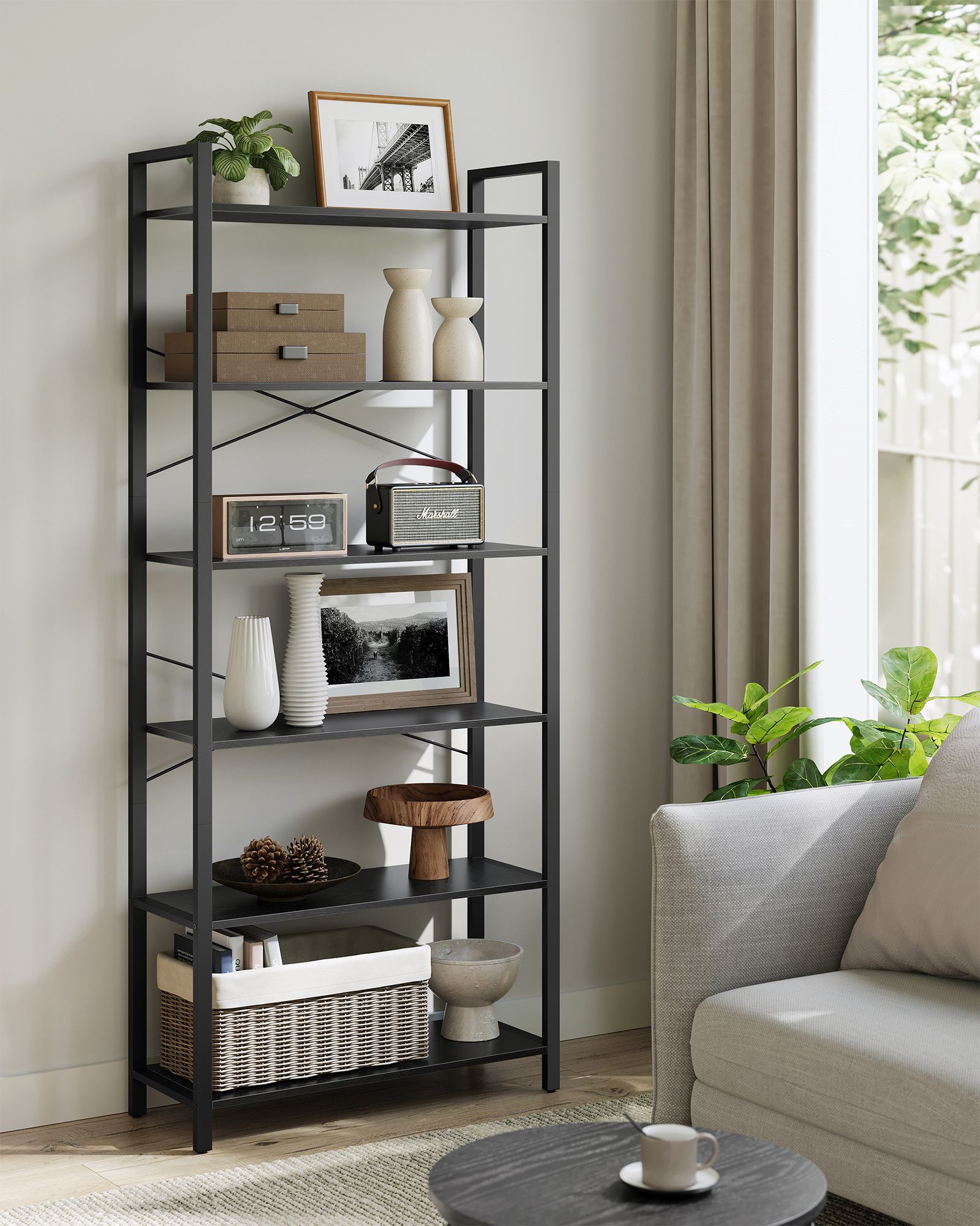 Bücherregal-6-Level-Industrial Design-Ebony-Zwart-Inktzwart