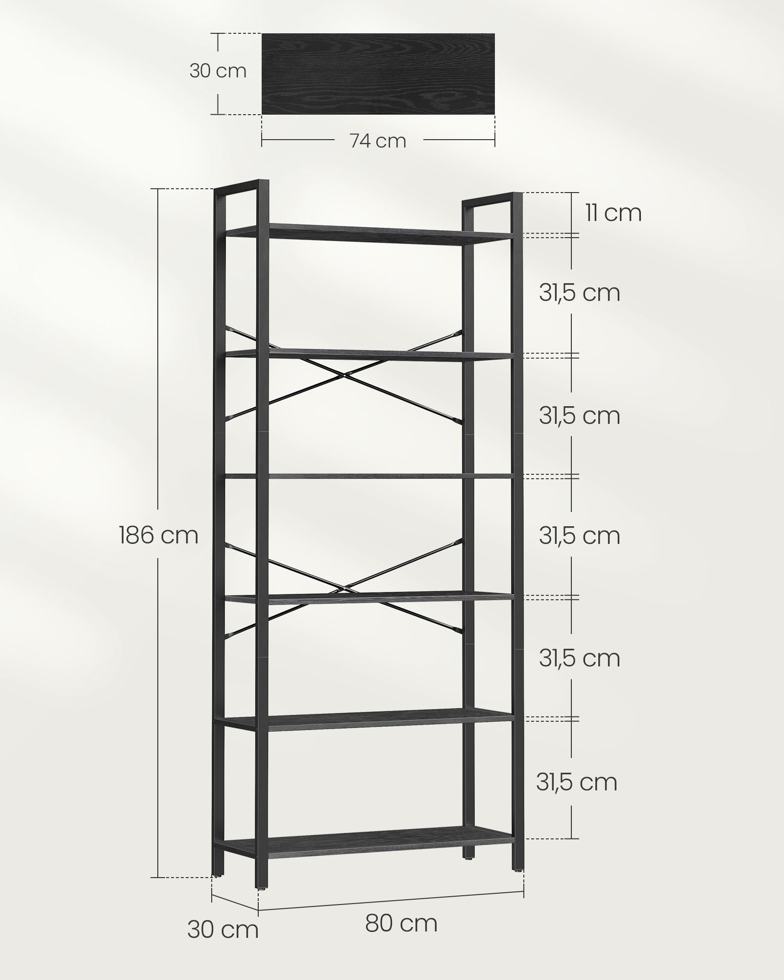 Bücherregal-6-Level-Industrial Design-Ebony-Zwart-Inktzwart