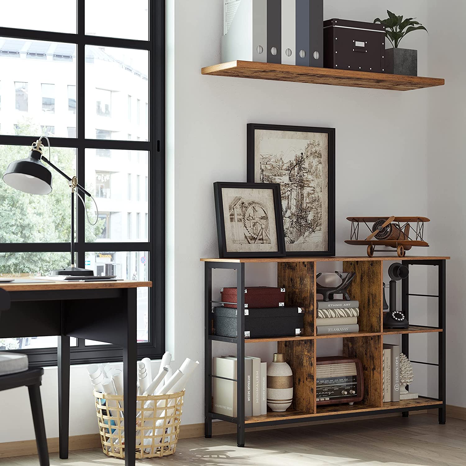 Bücherregal - Stehschrank mit 6 Fächern - Industriedesign - Brown/Schwarz