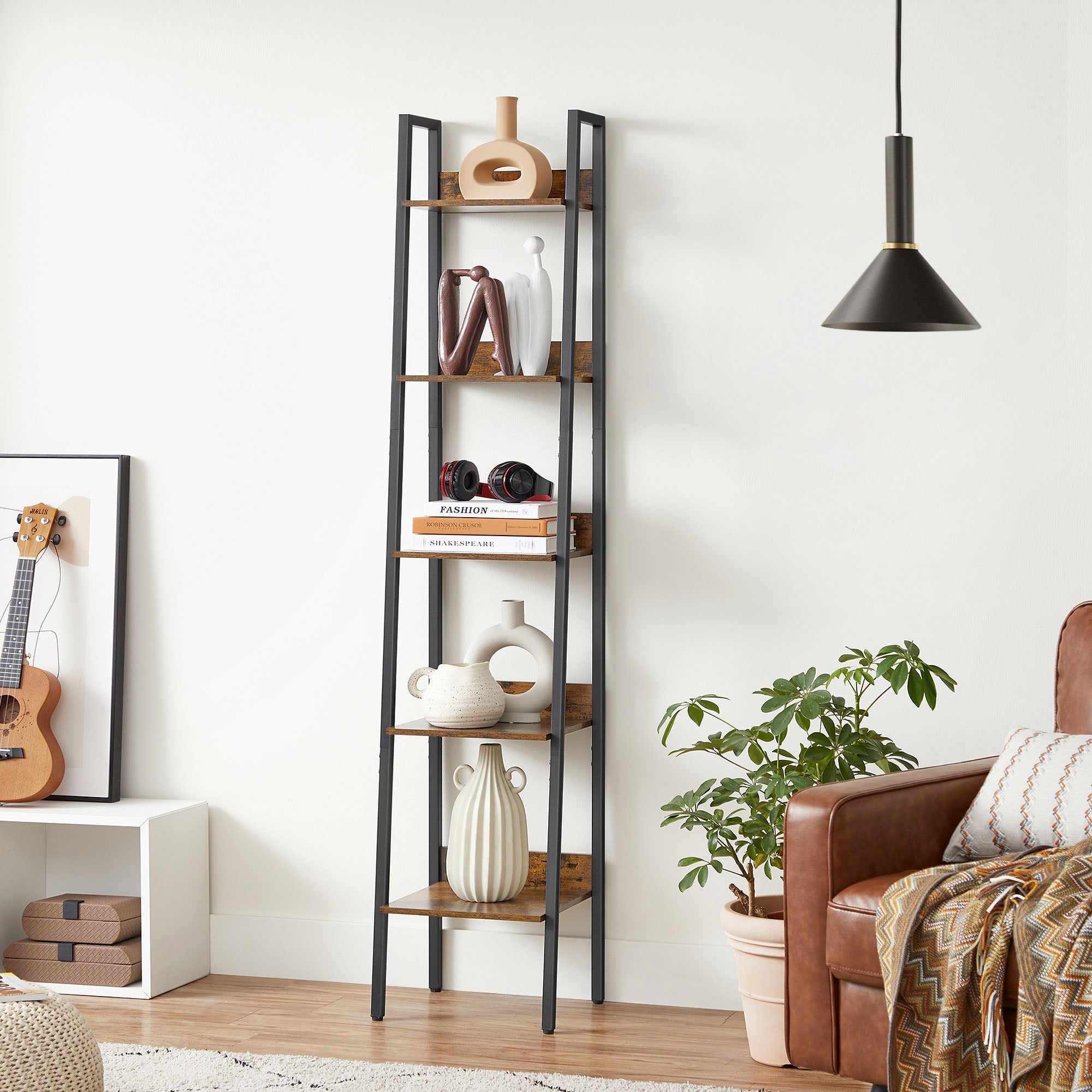 Bücherregal - Leiterbrett - mit 5 Regalen - Metallrahmen - braun / schwarz