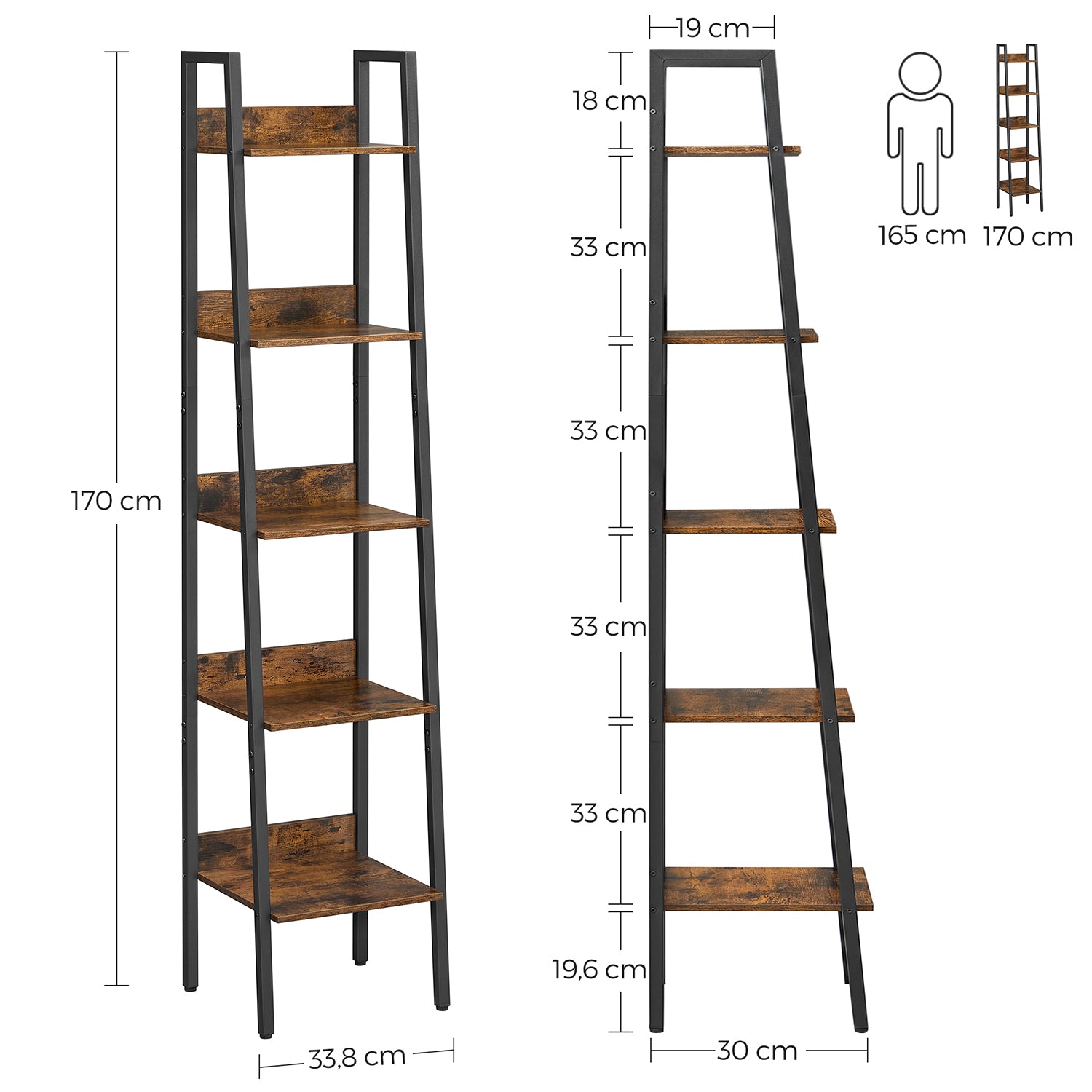 Ladderrek - 5 Planken - Smal - Industrieel Design - Vintage Bruin-Zwart