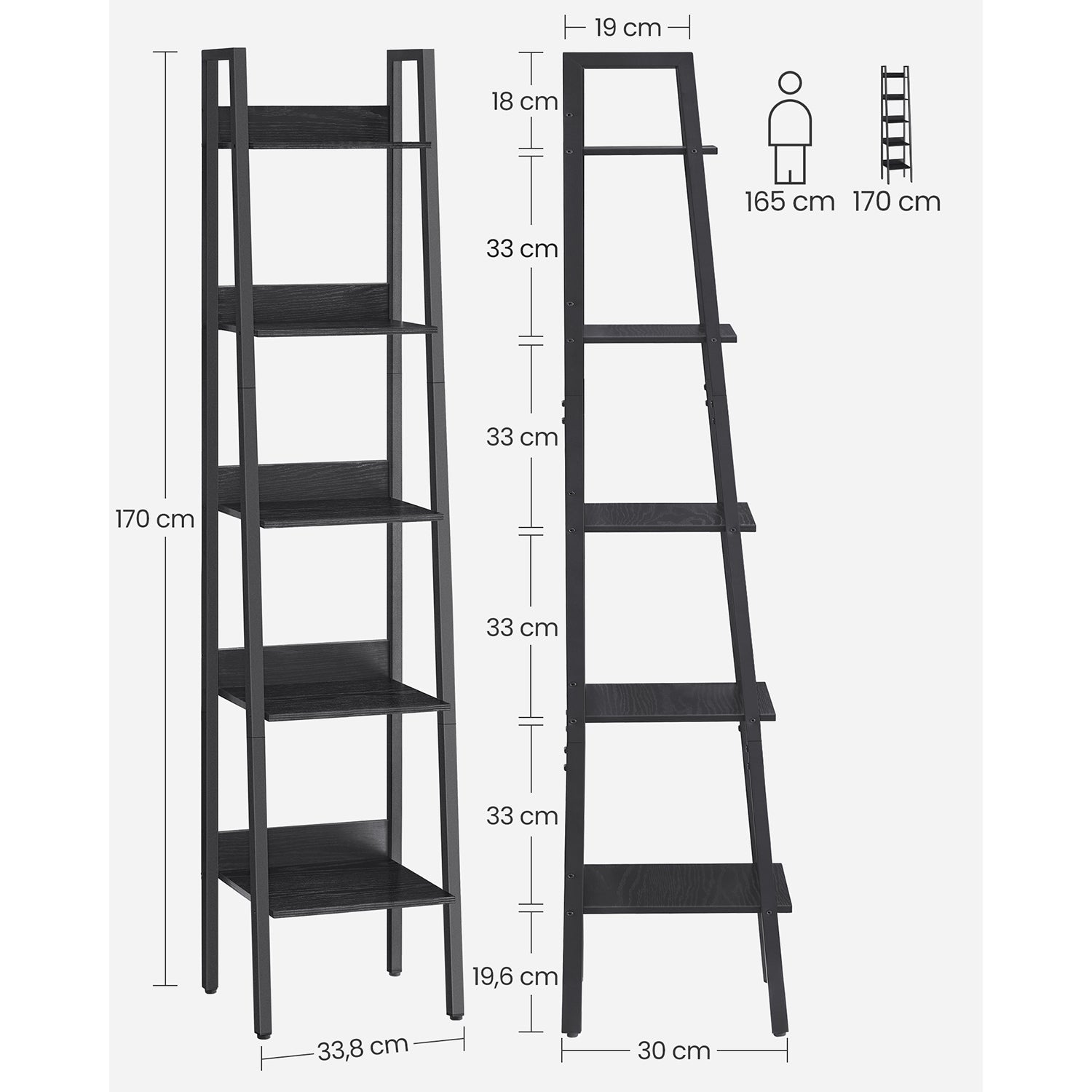 Bücherregal - Leiterregal - mit 5 Levels - Metallrahmen - Schwarz