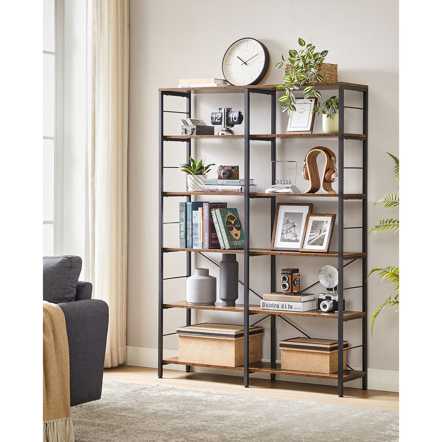 Bücherregal - 6 Level - 30 x 120 x 172,5 cm - Vintage Brown / Schwarz
