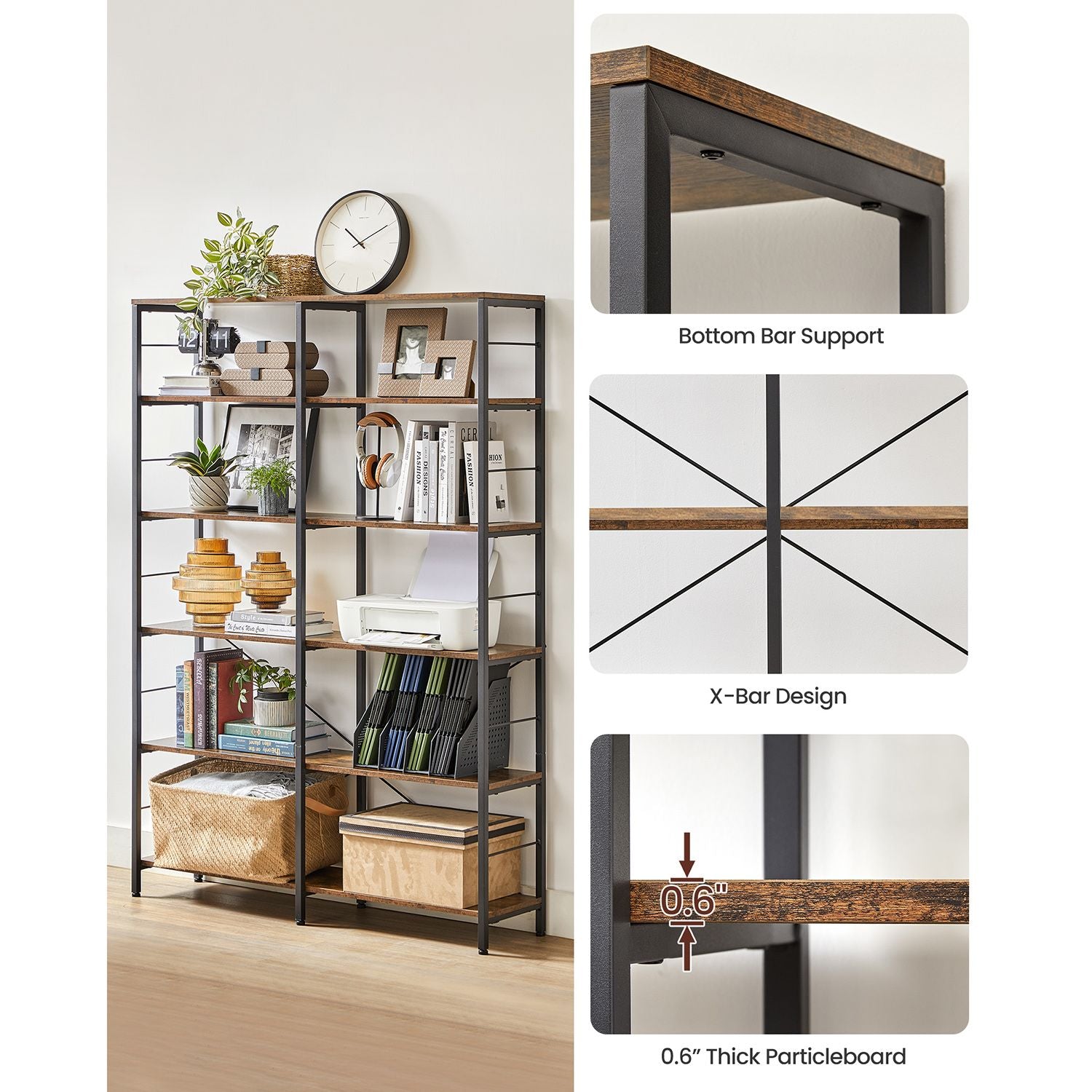 Bücherregal - 6 Level - 30 x 120 x 172,5 cm - Vintage Brown / Schwarz
