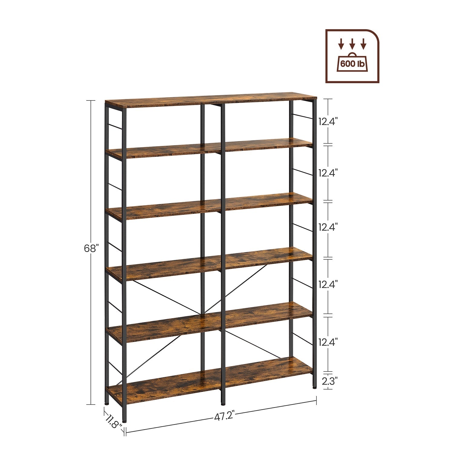 Bücherregal - 6 Level - 30 x 120 x 172,5 cm - Vintage Brown / Schwarz