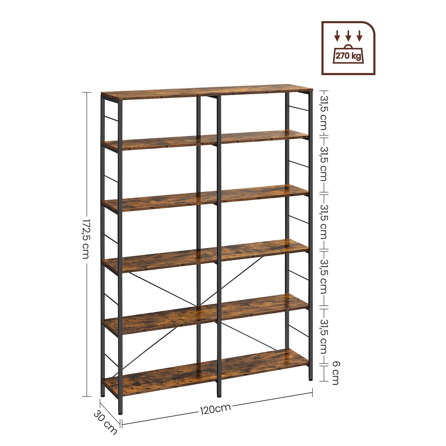 Bücherregal - 6 Level - 30 x 120 x 172,5 cm - Vintage Brown / Schwarz
