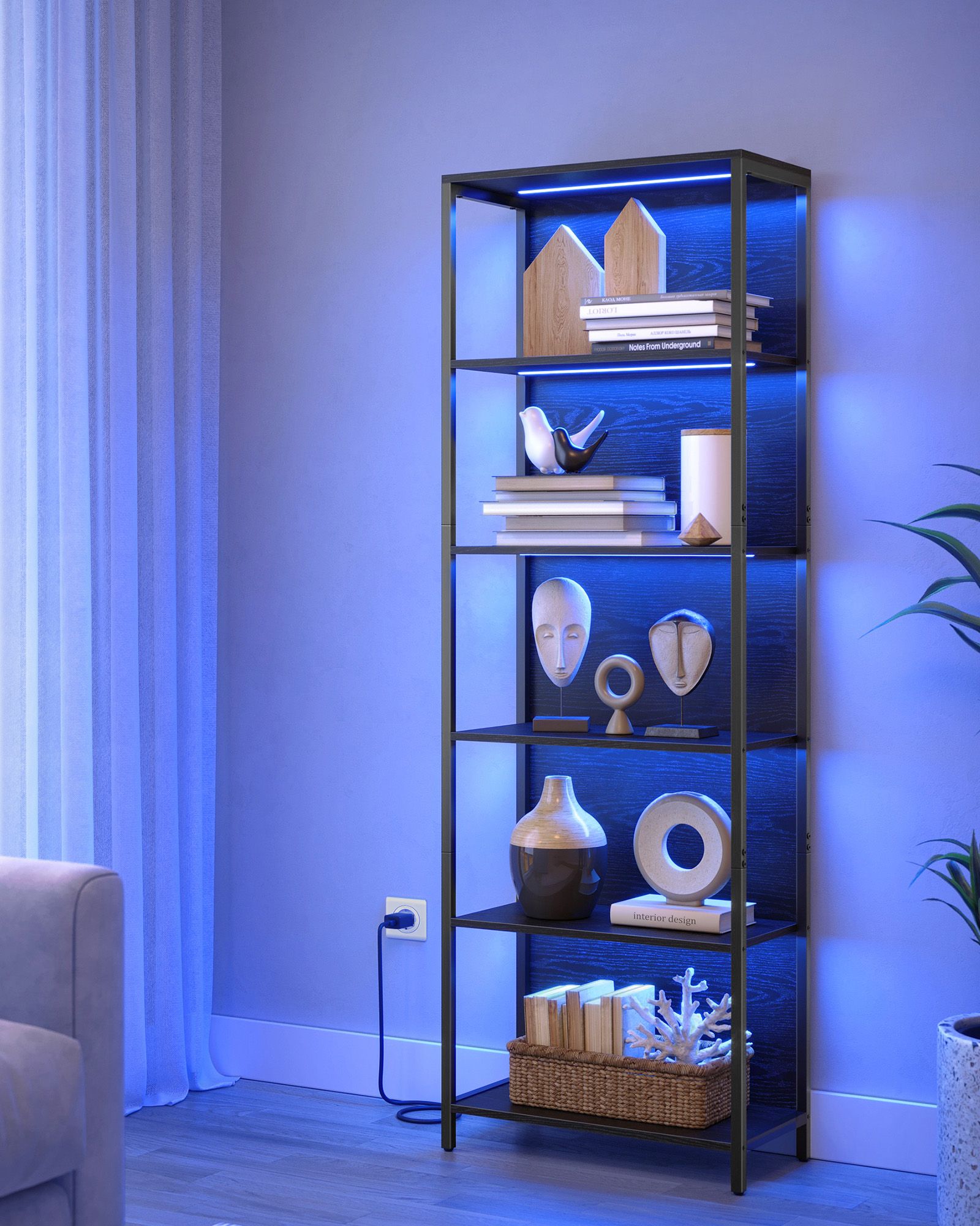Bücherregal mit 6 Levels und Beleuchtung, 30 x 60 x 180 cm