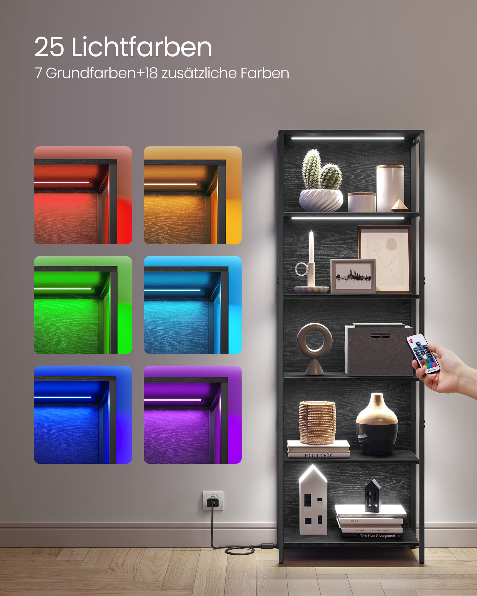 Bücherregal mit 6 Levels und Beleuchtung, 30 x 60 x 180 cm
