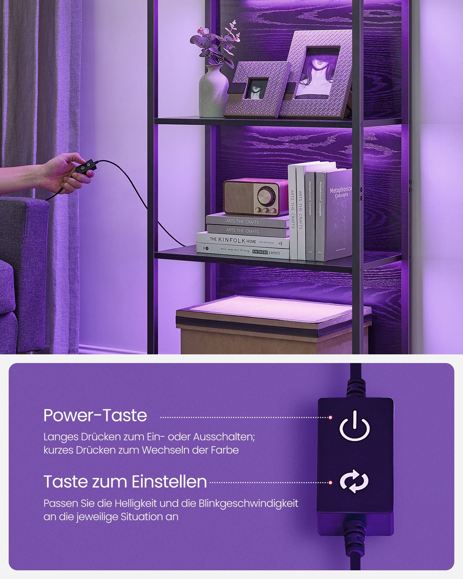 Bücherregal mit 6 Levels und Beleuchtung, 30 x 60 x 180 cm