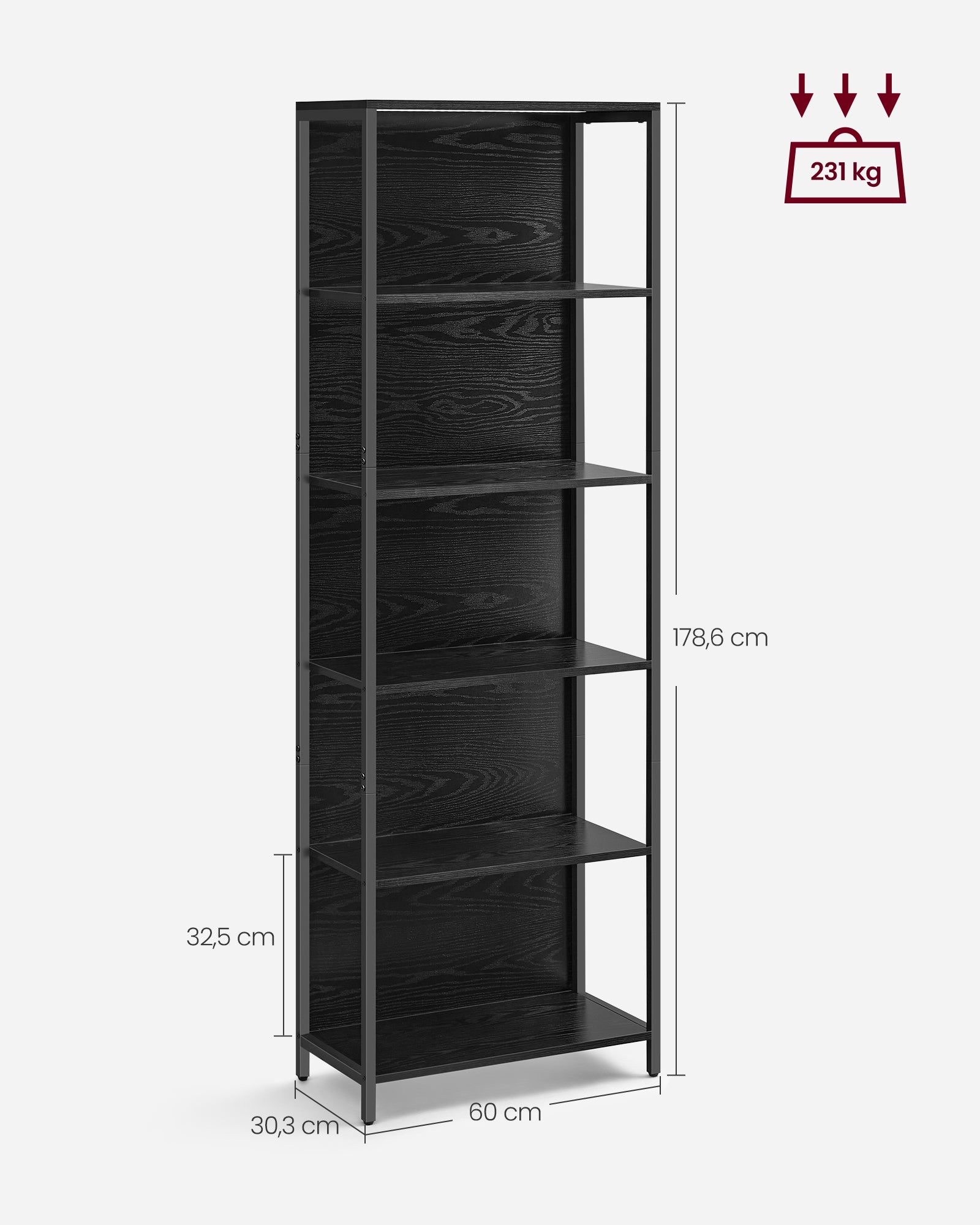 Bücherregal mit 6 Levels und Beleuchtung, 30 x 60 x 180 cm