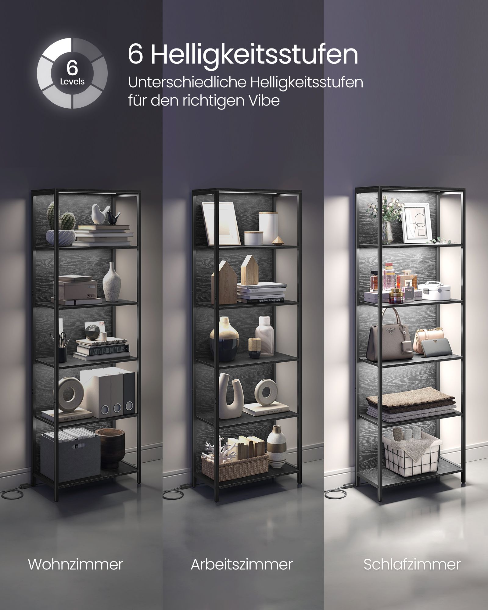 Bücherregal mit 6 Levels und Beleuchtung, 30 x 60 x 180 cm