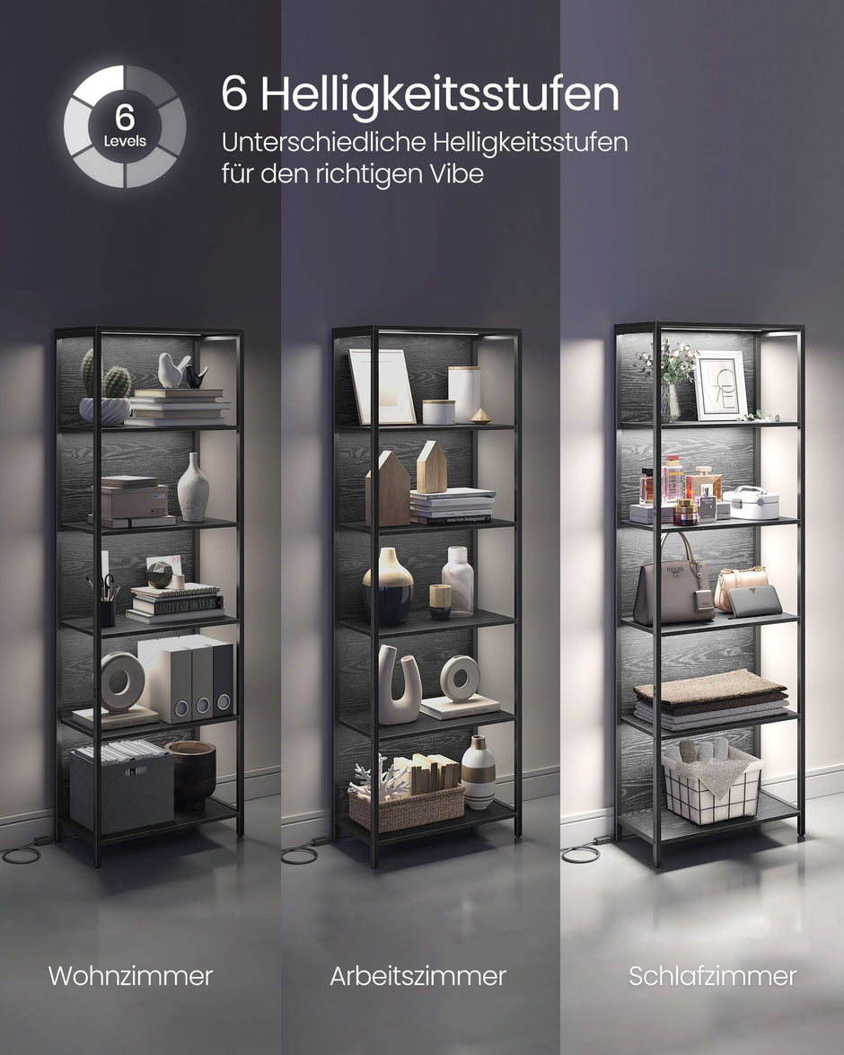 Bücherregal mit 6 Levels und Beleuchtung, 30 x 60 x 180 cm
