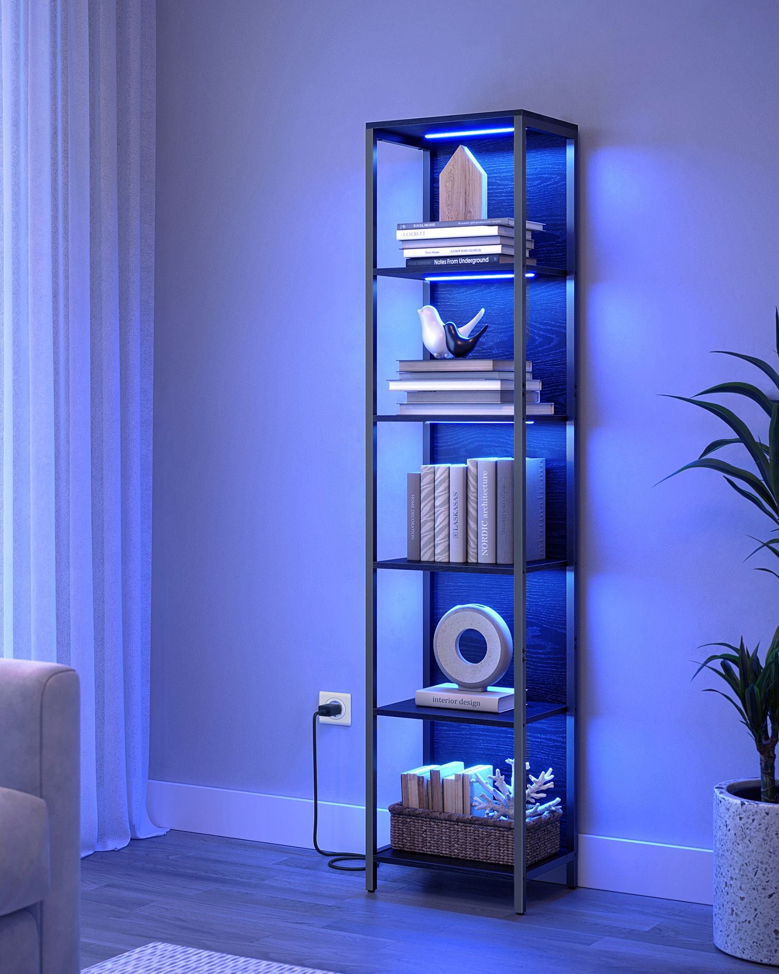Bücherregal mit 6 Levels und Beleuchtung, 30 x 40 x 180 cm