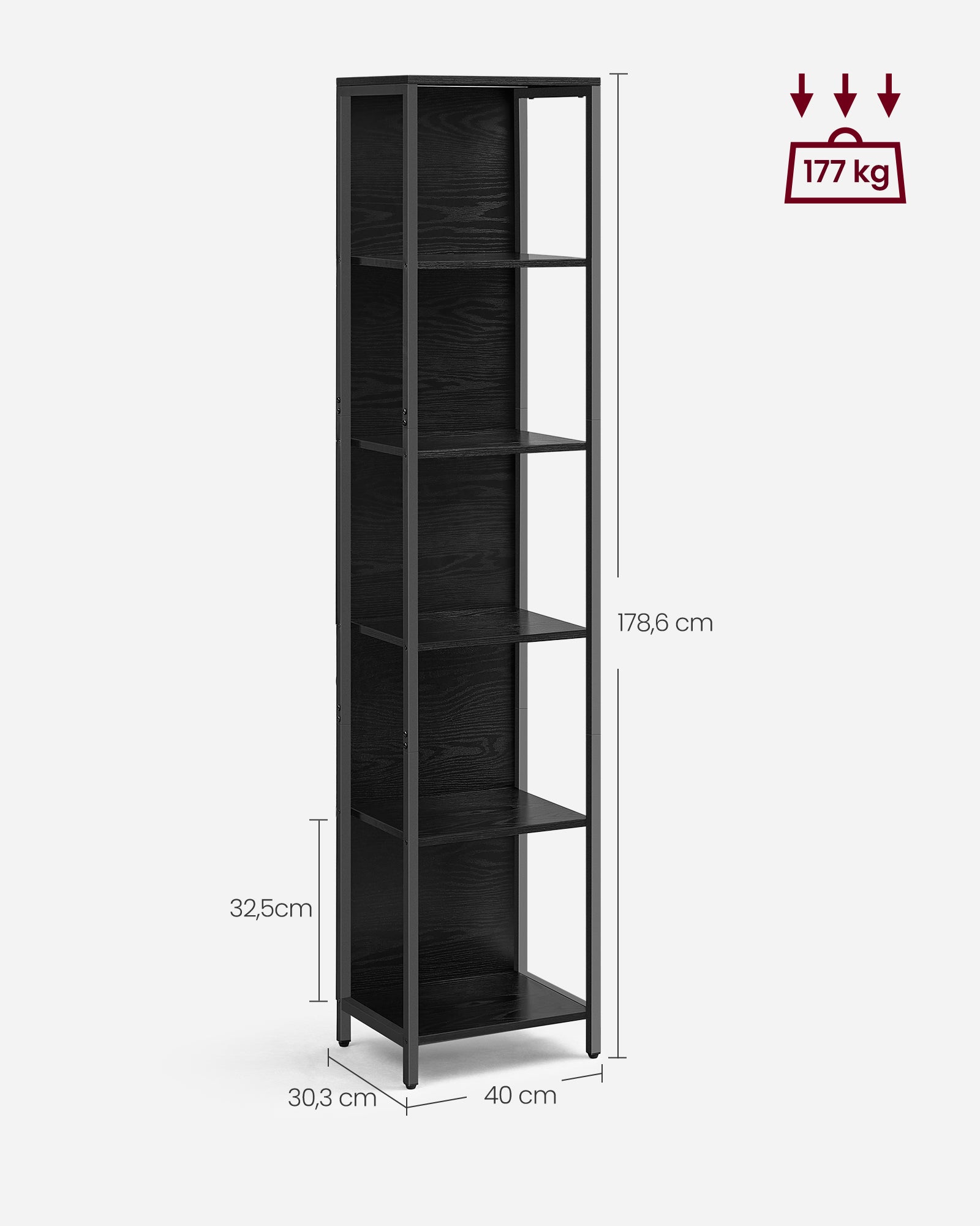 Bücherregal mit 6 Levels und Beleuchtung, 30 x 40 x 180 cm