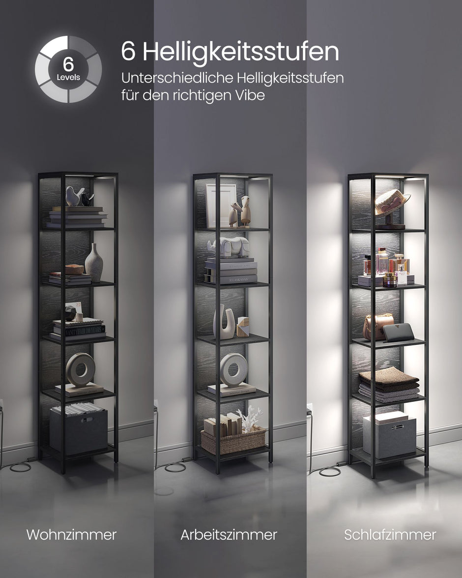 Bücherregal mit 6 Levels und Beleuchtung, 30 x 40 x 180 cm