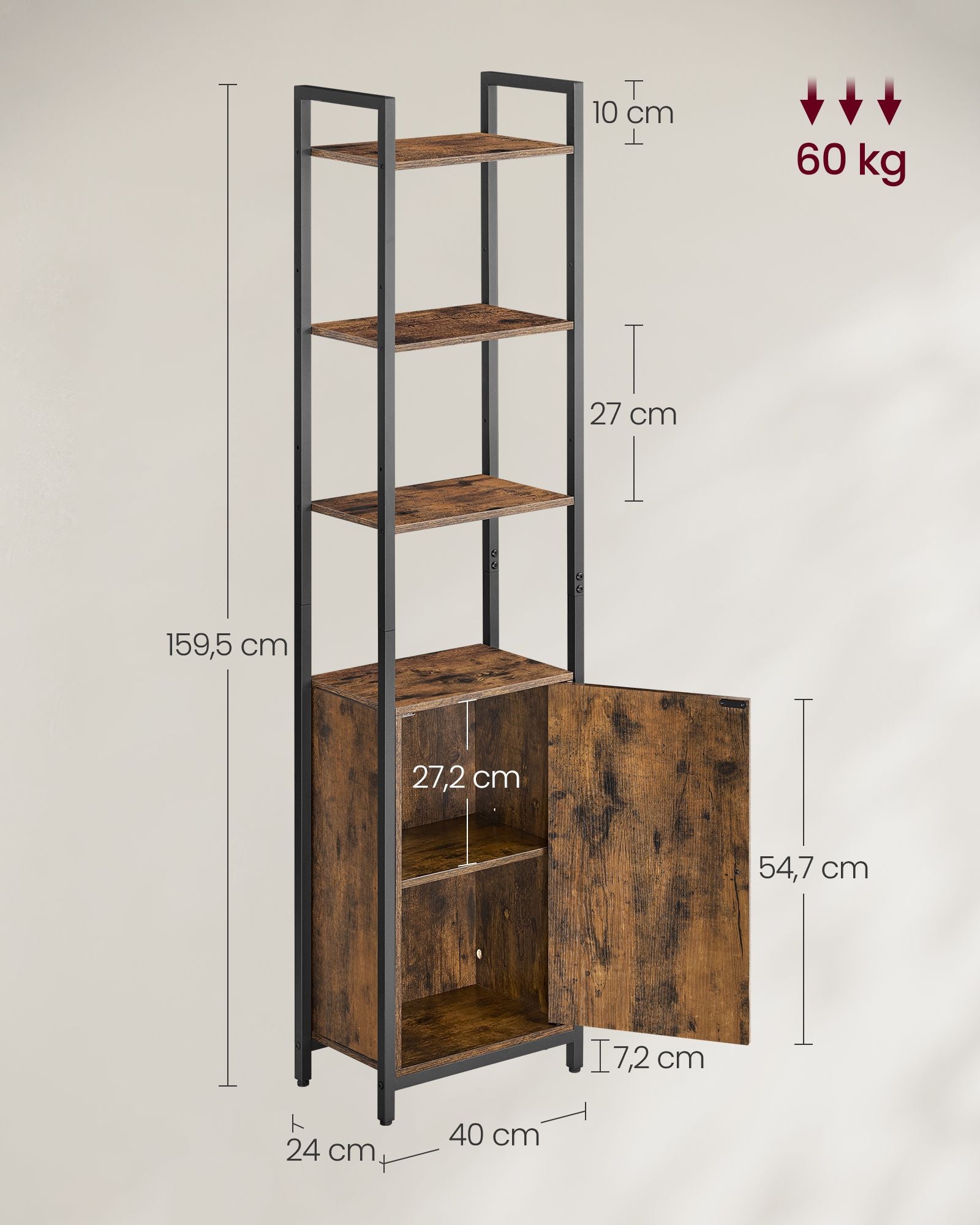 Bücherregal 24 x 40 x 159,5 cm Vintage Brown-ink-Schwarz schwarz