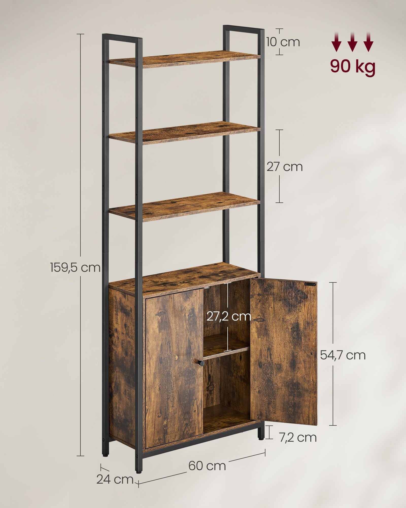 Bücherregal 24 x 60 x 159,5 cm Vintage Brown-Ink-Schwarz schwarz