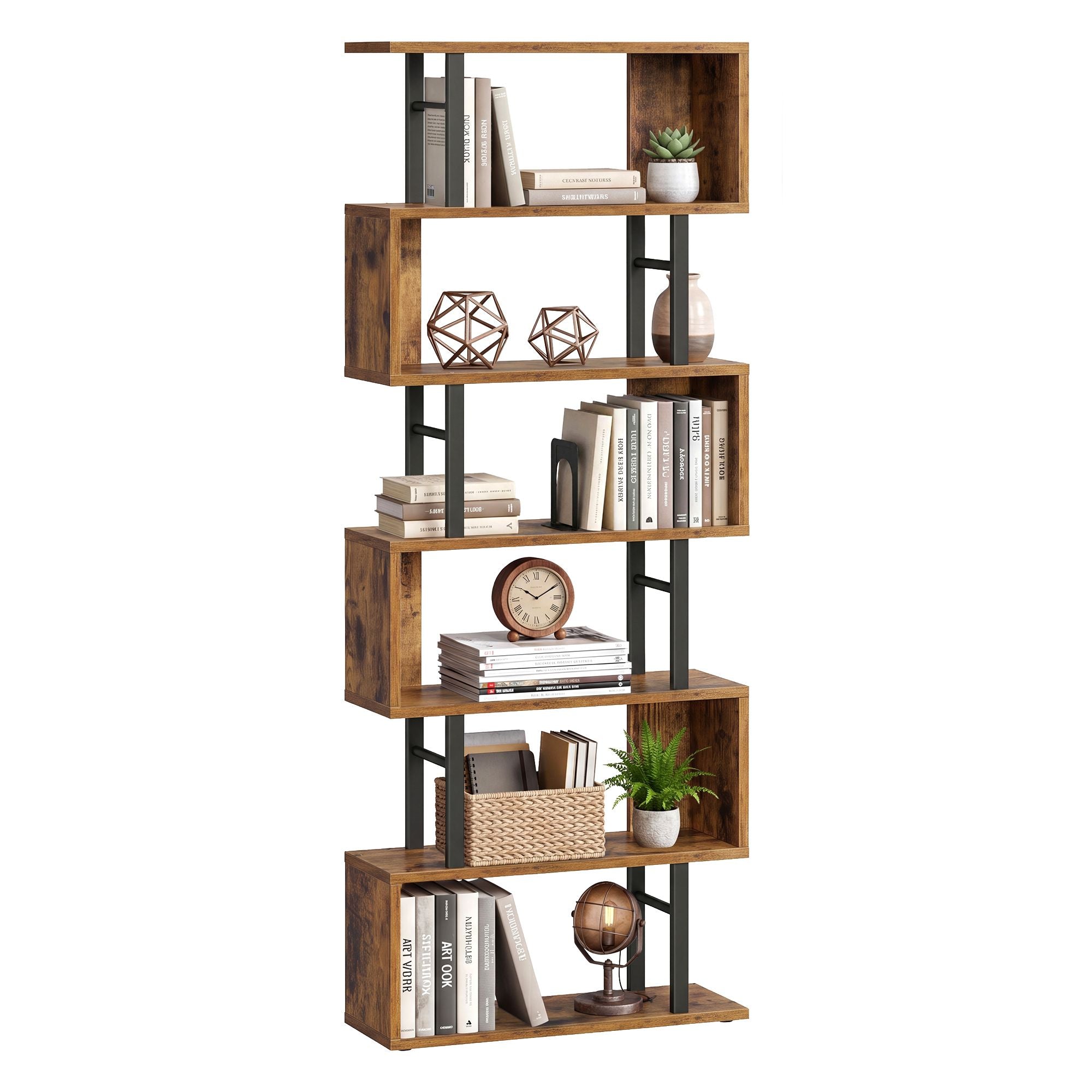 Boekenkast - S-vormige Roomdivider met 7 Ebenen - Rustiek bruin en matzwart - 60 x 24 x 190,5 cm