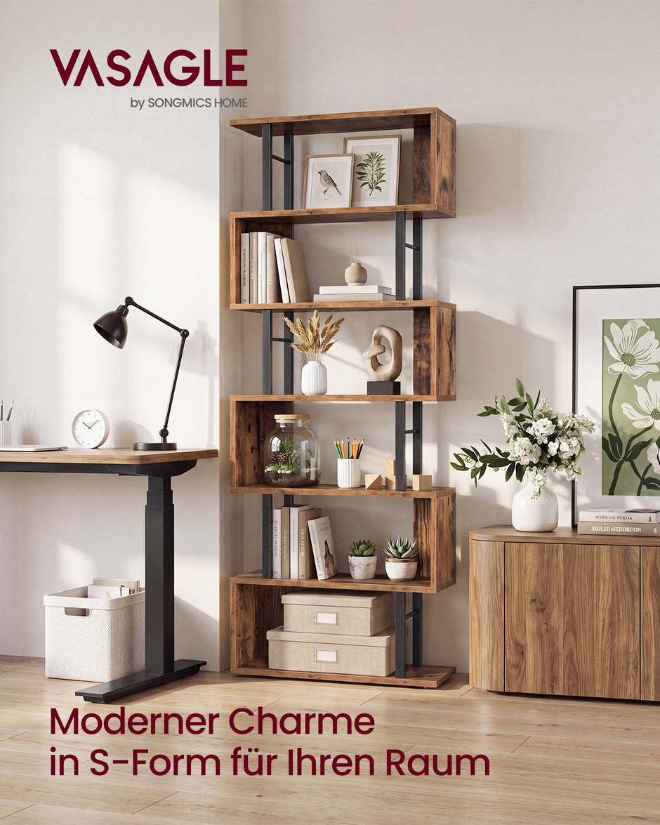 Boekenkast - S-vormige Roomdivider met 7 Ebenen - Rustiek bruin en matzwart - 60 x 24 x 190,5 cm