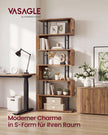 Boekenkast - S-vormige Roomdivider met 7 Ebenen - Rustiek bruin en matzwart - 60 x 24 x 190,5 cm