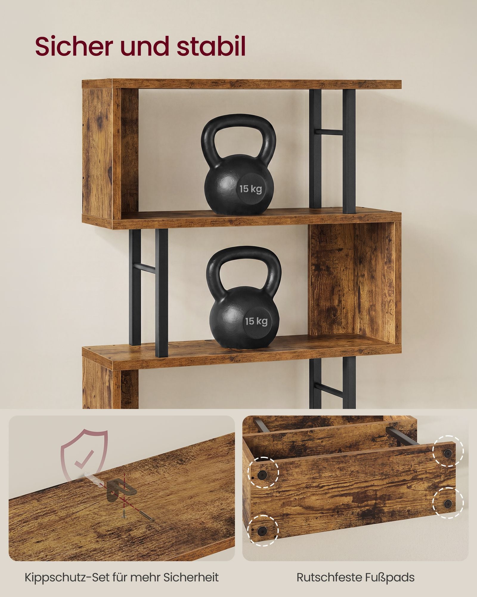 Boekenkast - S-vormige Roomdivider met 7 Ebenen - Rustiek bruin en matzwart - 60 x 24 x 190,5 cm