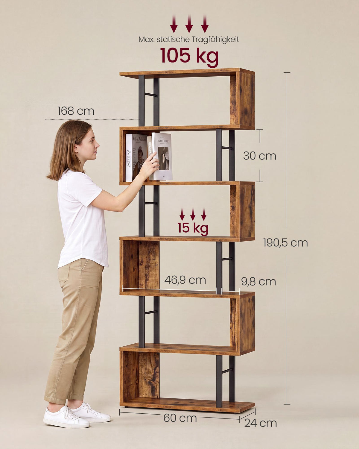 Boekenkast - S-vormige Roomdivider met 7 Ebenen - Rustiek bruin en matzwart - 60 x 24 x 190,5 cm