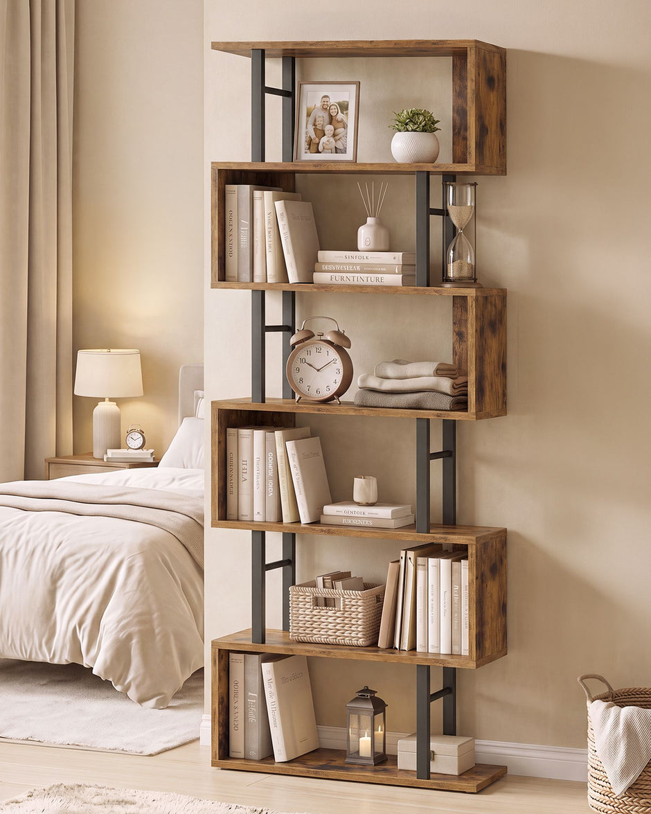 Boekenkast - S-vormige Roomdivider met 7 Ebenen - Rustiek bruin en matzwart - 60 x 24 x 190,5 cm