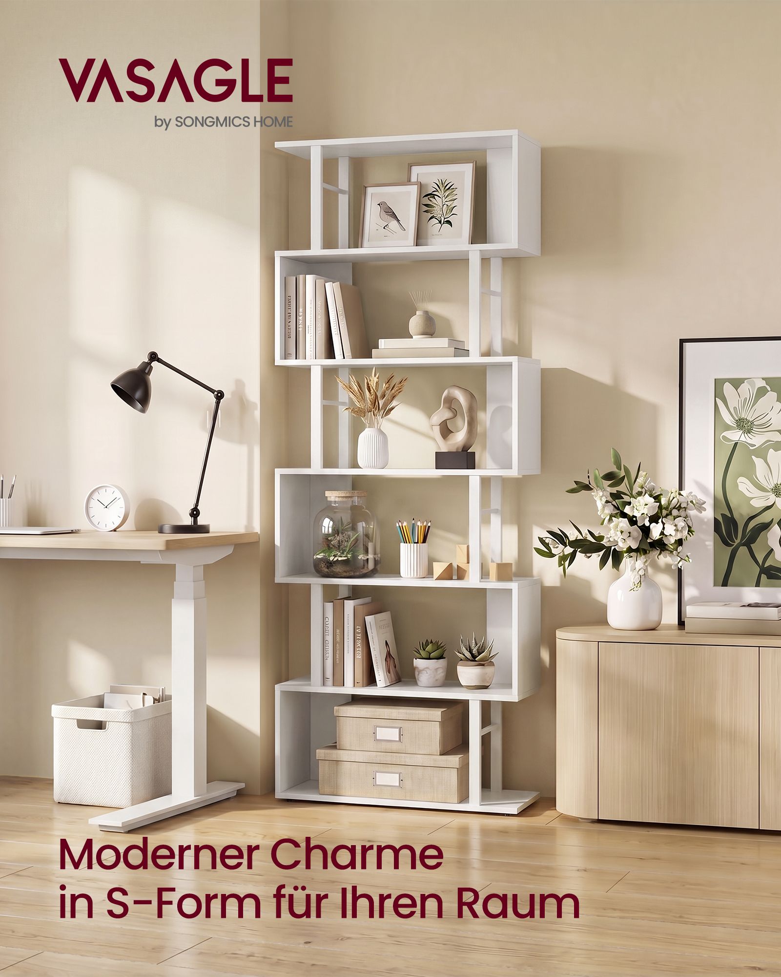 Boekenkast - S-vormige Roomdivider met 7 Ebenen - Wit en matzwart - 60 x 24 x 190,5 cm