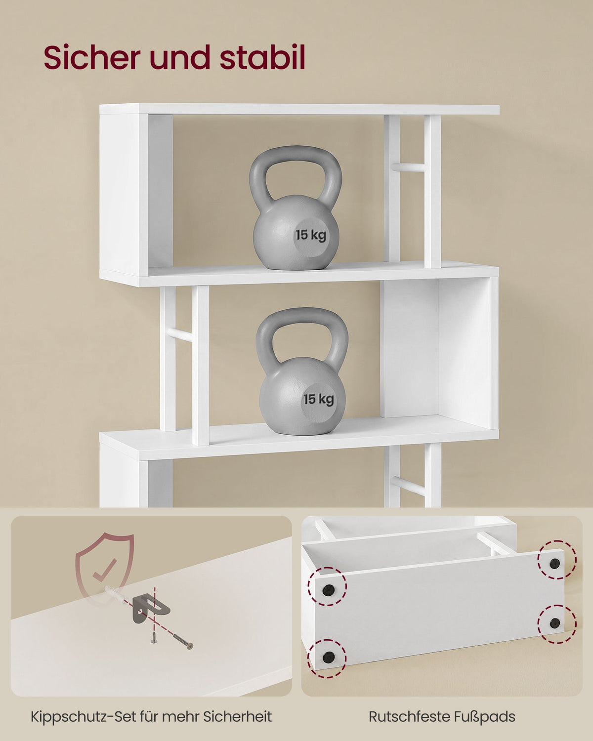 Boekenkast - S-vormige Roomdivider met 7 Ebenen - Wit en matzwart - 60 x 24 x 190,5 cm