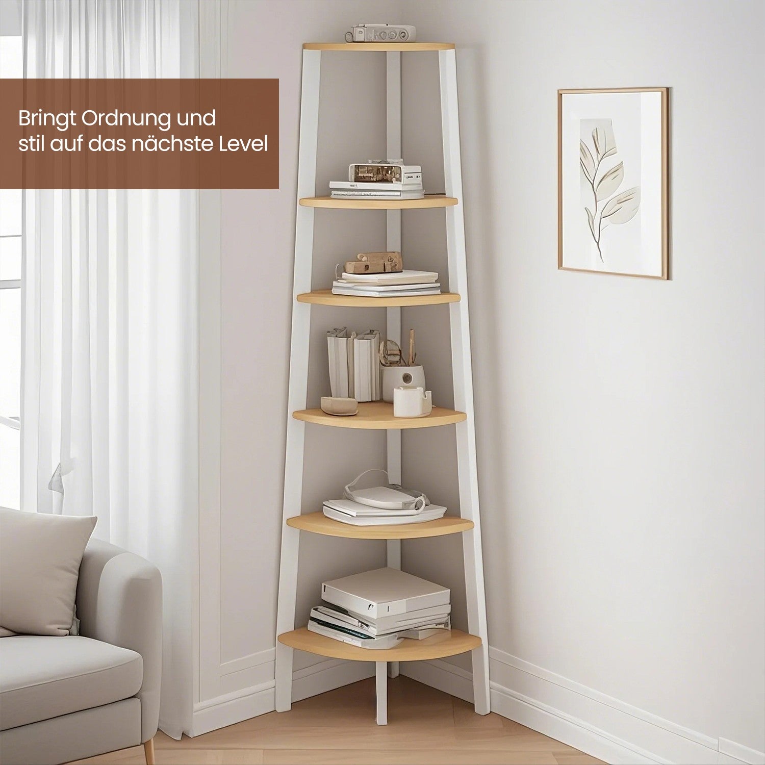 Bücherregal mit 5 Schichten - industrielles Design, natürliche Eiche und mattes Weiß