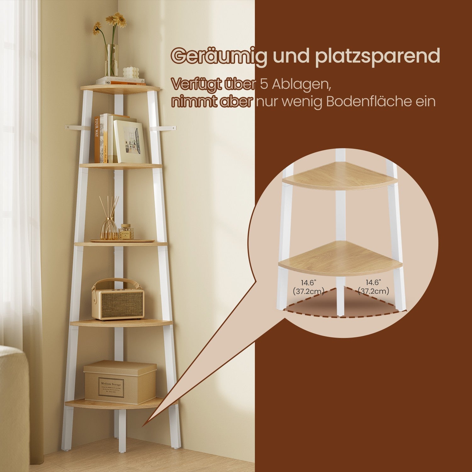 Bücherregal mit 5 Schichten - industrielles Design, natürliche Eiche und mattes Weiß