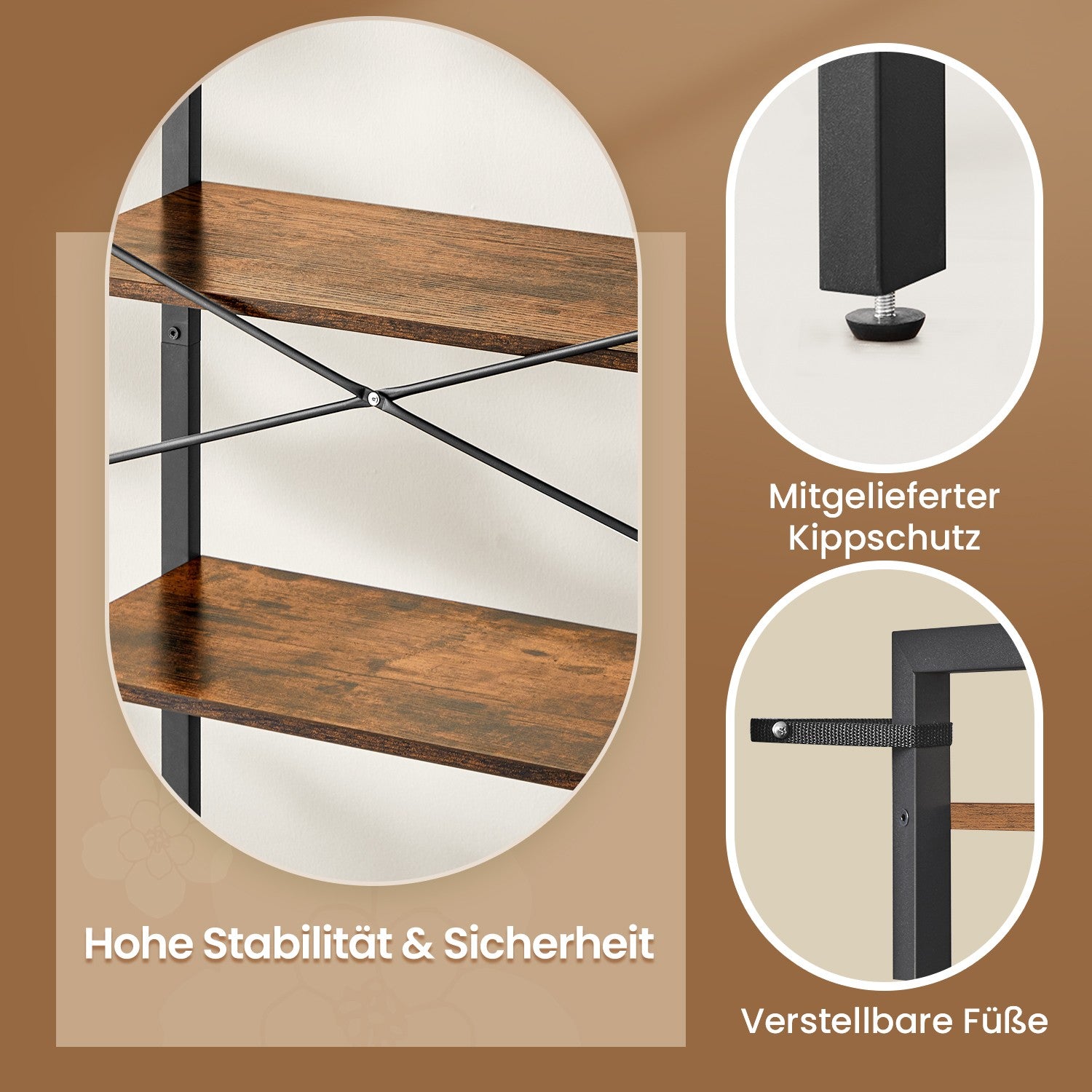 Bücherregal 6 Levels, Stehplanke mit Stahlrahmen, freistehende Brett