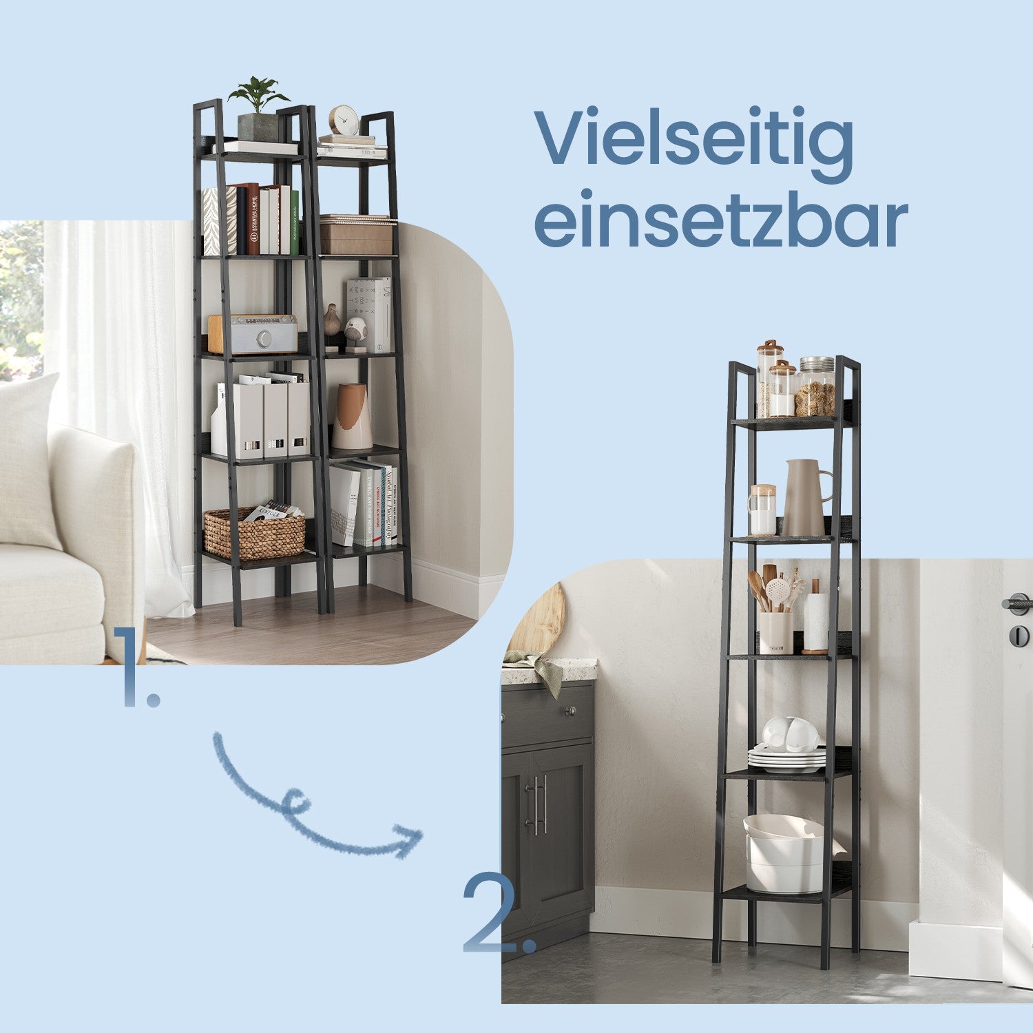Bücherregal - Leiterbrett mit 5 Ebenen, schmales Modell