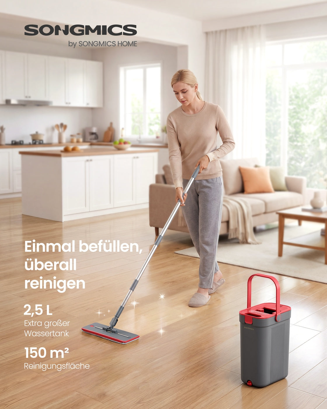 Dweilset met Emmer - 4 Microvezelhoezen - Gescheiden Waterkamers - Grijs-Rood